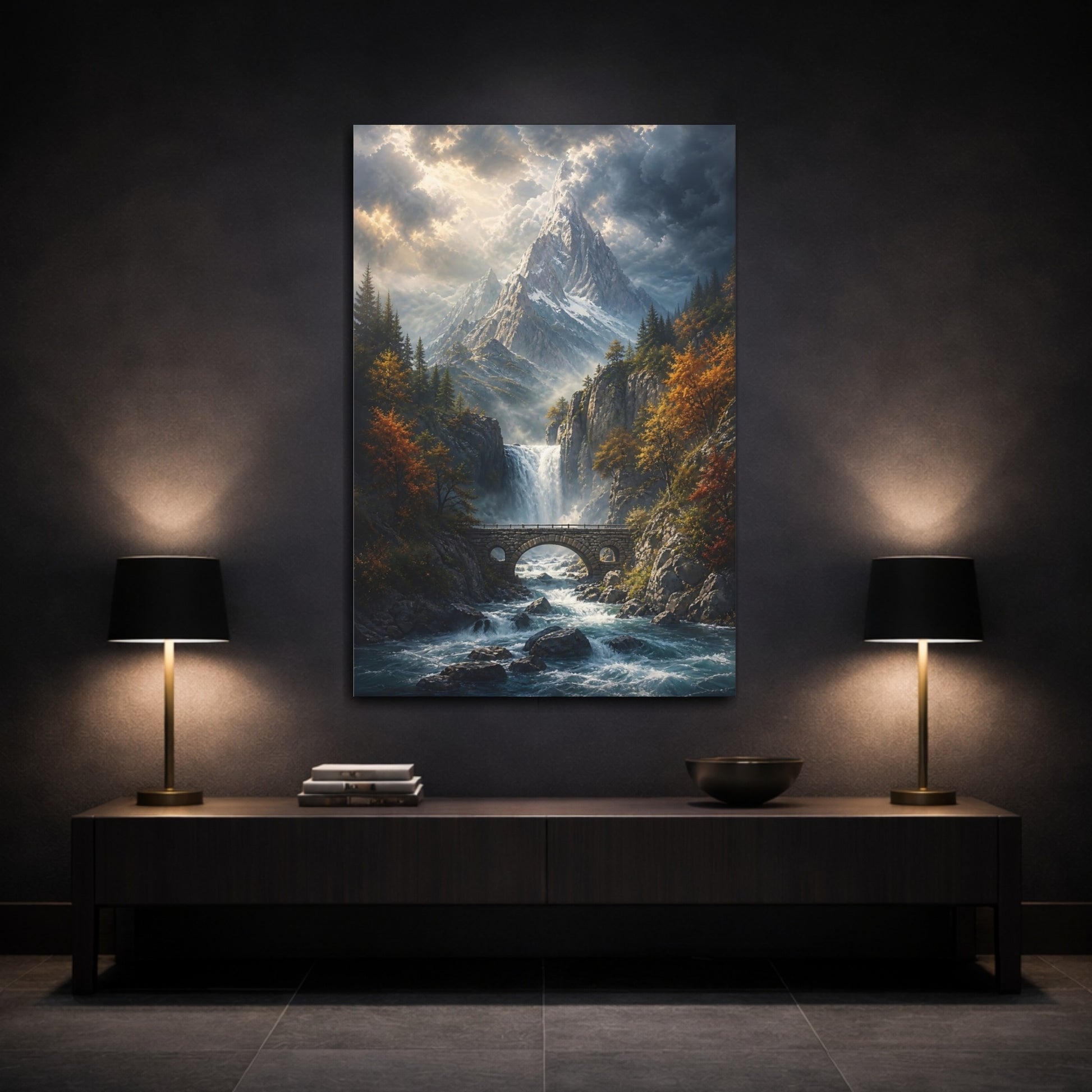 Mockup 3. Nature Mountain Waterfall Autumn Mountain River shown as stretched canvas wall art