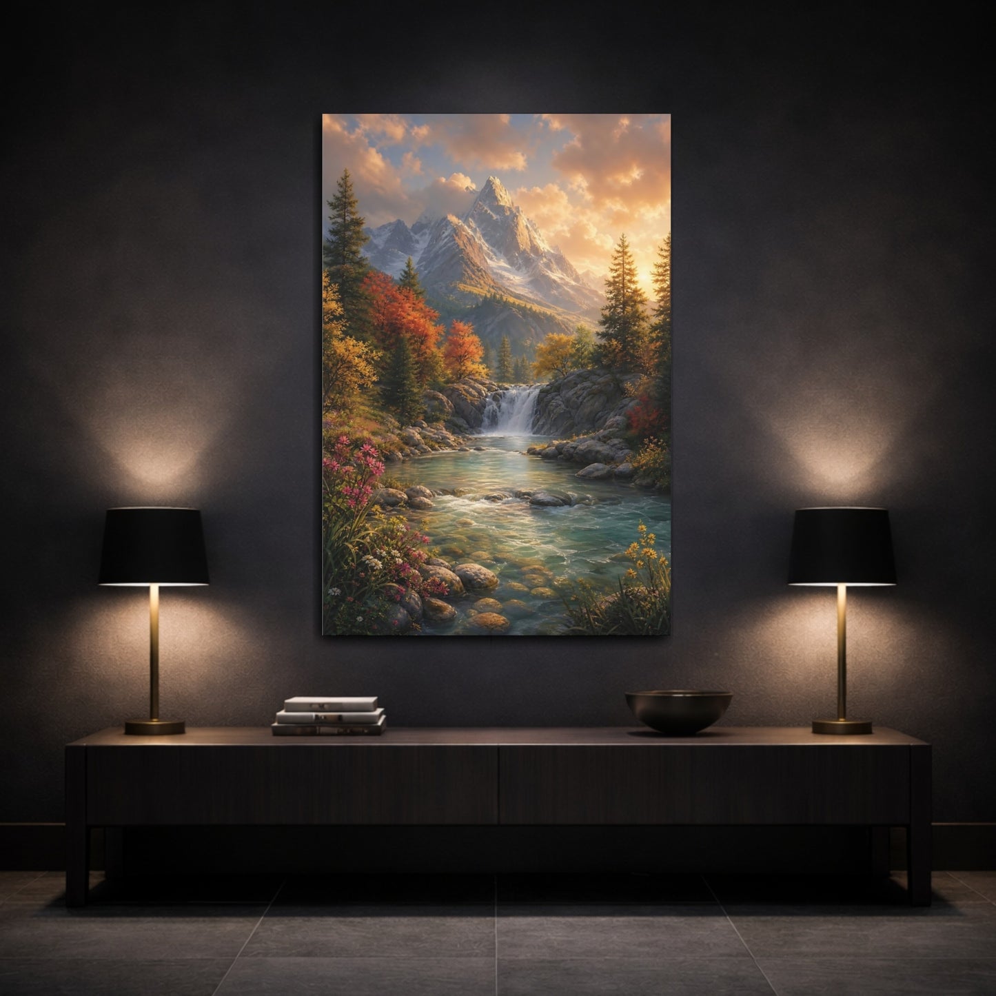 Mockup 3. Nature Mountain Waterfall Autumn Mountain River shown as stretched canvas wall art