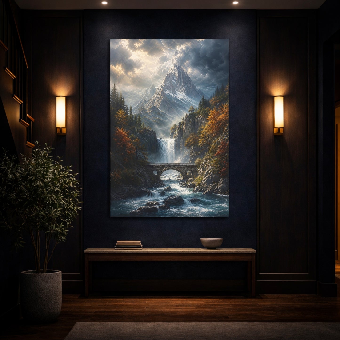 Mockup 4. Nature Mountain Waterfall Autumn Mountain River shown as stretched canvas wall art