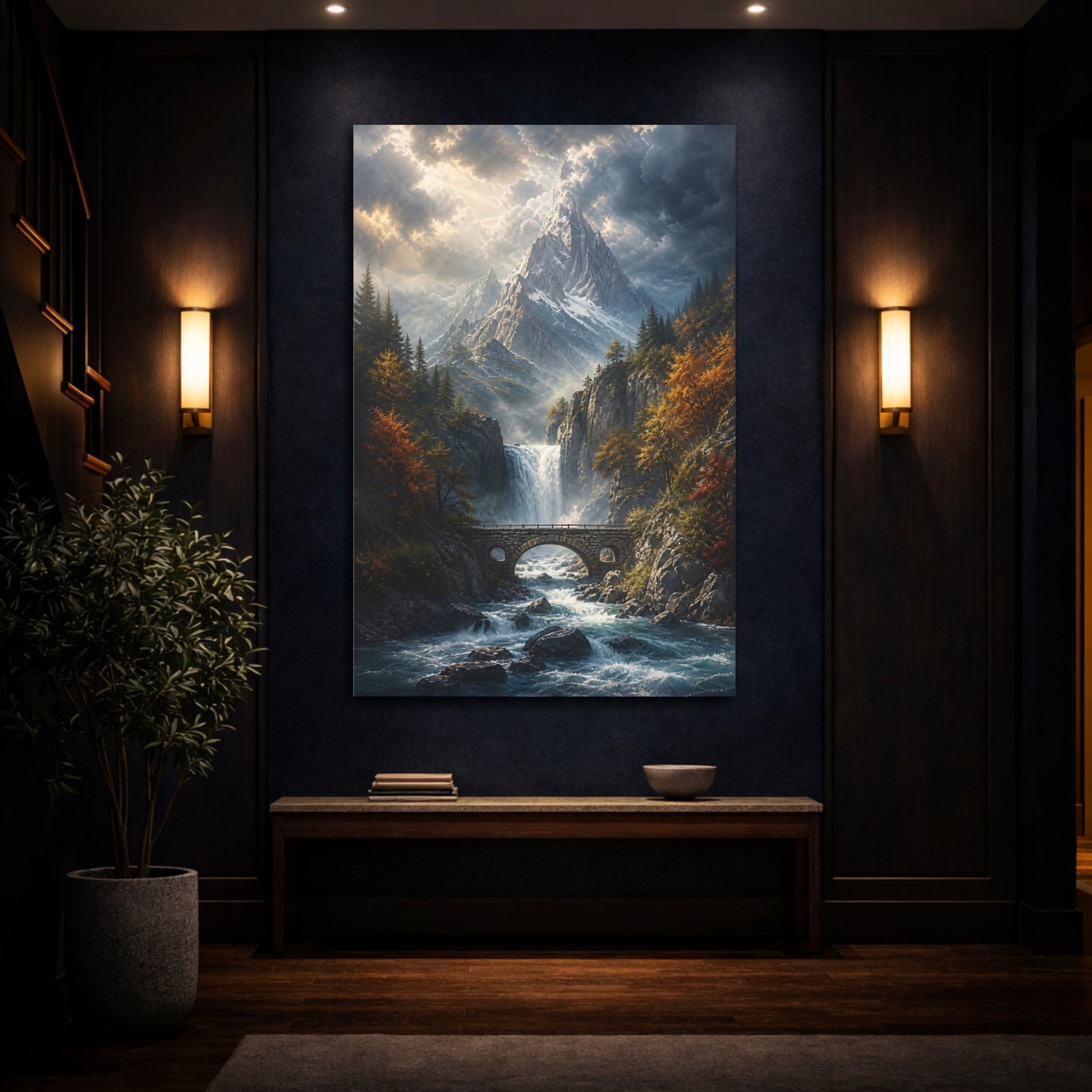 Mockup 4. Nature Mountain Waterfall Autumn Mountain River shown as stretched canvas wall art