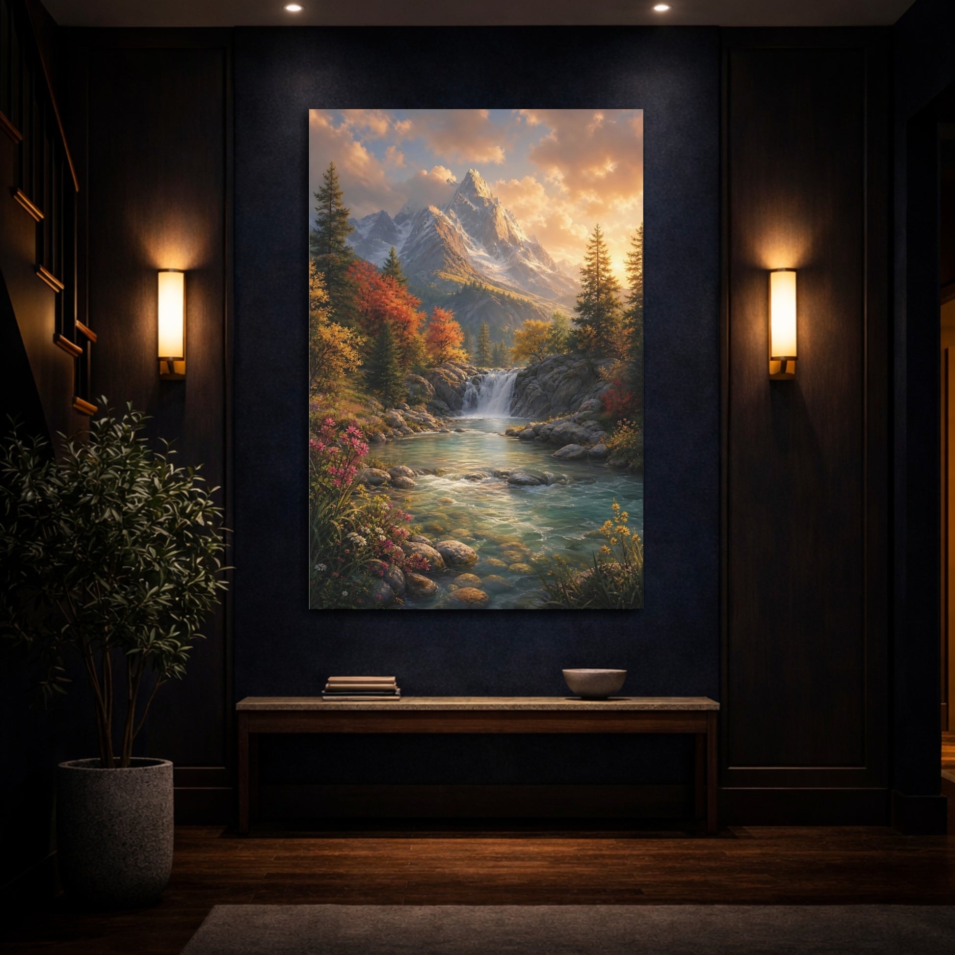 Mockup 4. Nature Mountain Waterfall Autumn Mountain River shown as stretched canvas wall art