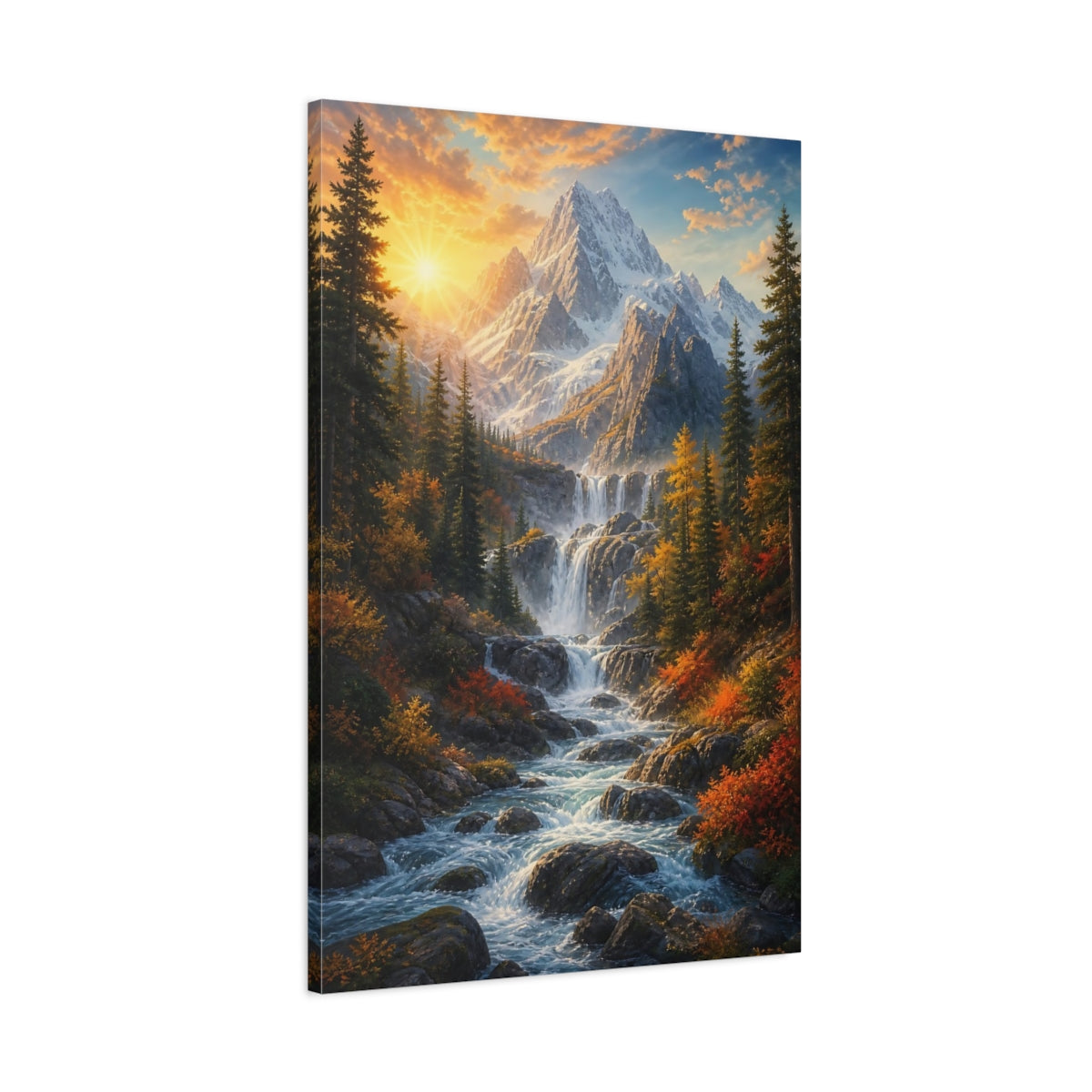 Main Mockup. Nature Mountain Waterfall Autumn Mountain Waterfall shown as stretched canvas wall art