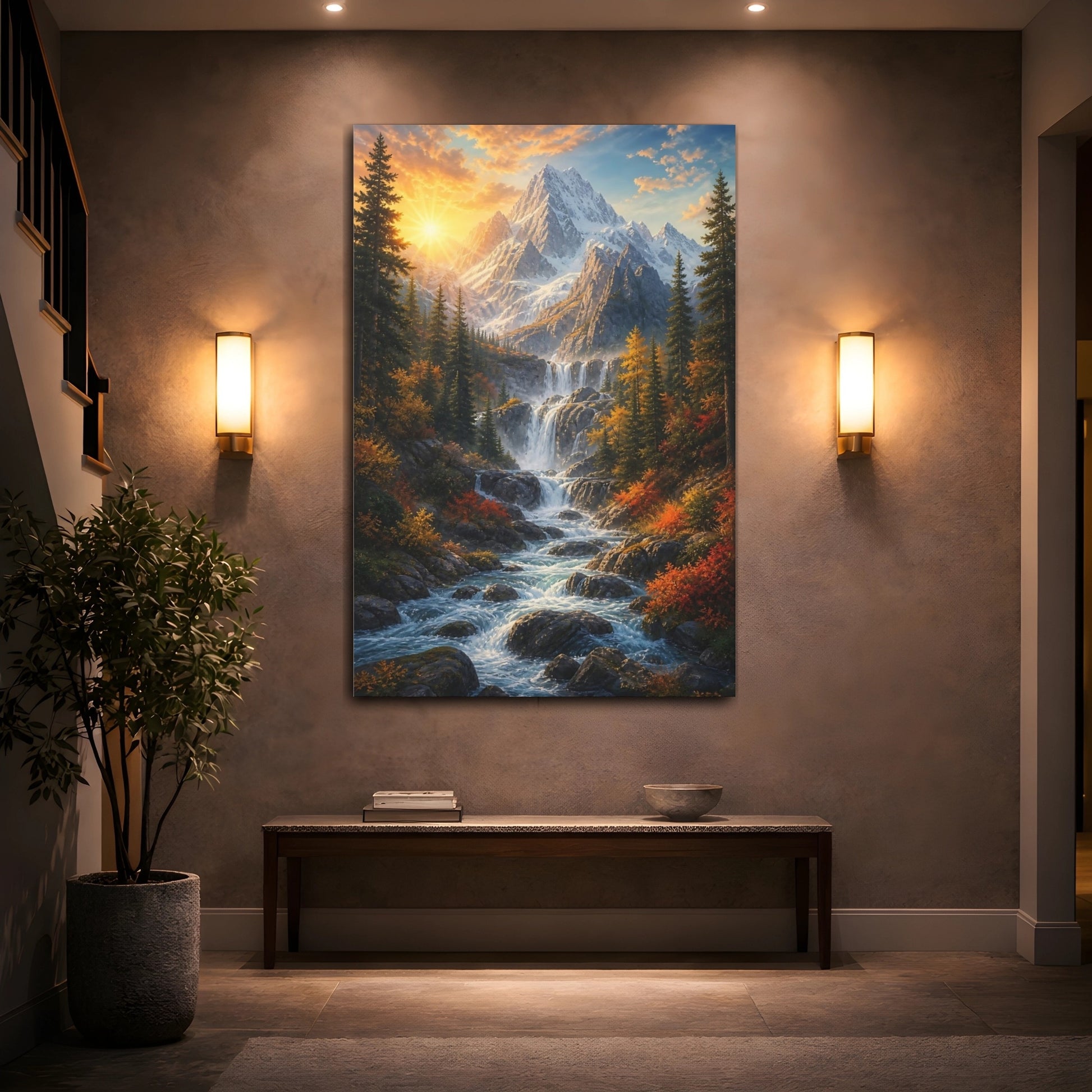 Mockup 2. Nature Mountain Waterfall Autumn Mountain Waterfall shown as stretched canvas wall art