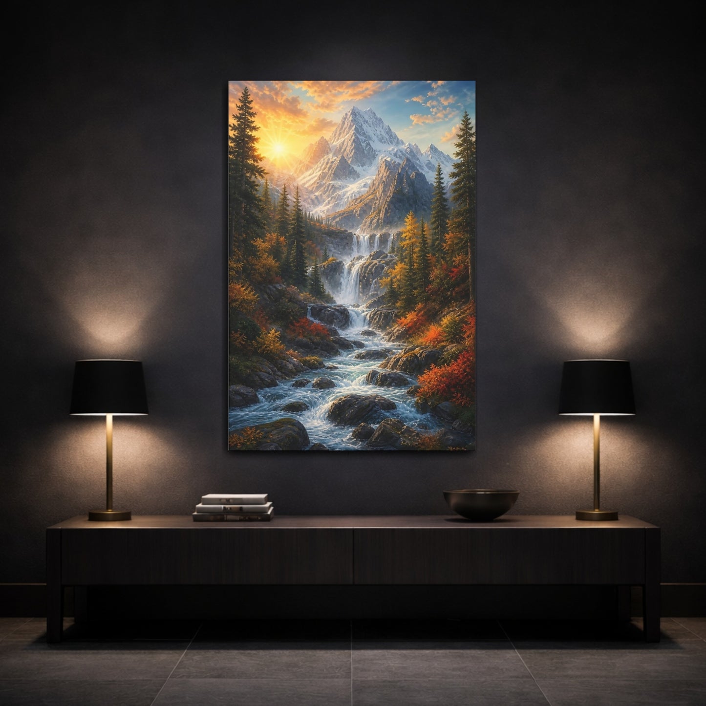 Mockup 3. Nature Mountain Waterfall Autumn Mountain Waterfall shown as stretched canvas wall art