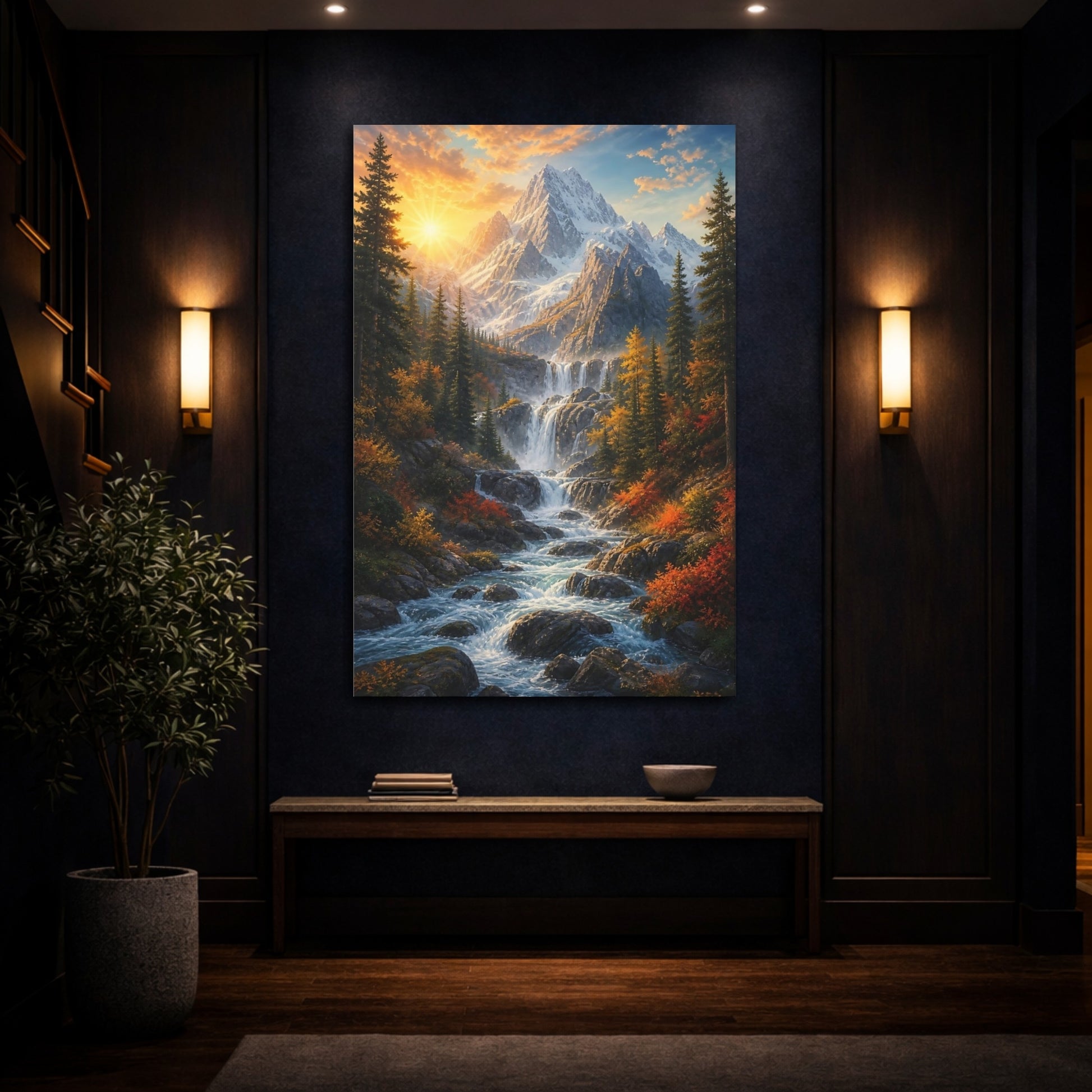 Mockup 4. Nature Mountain Waterfall Autumn Mountain Waterfall shown as stretched canvas wall art