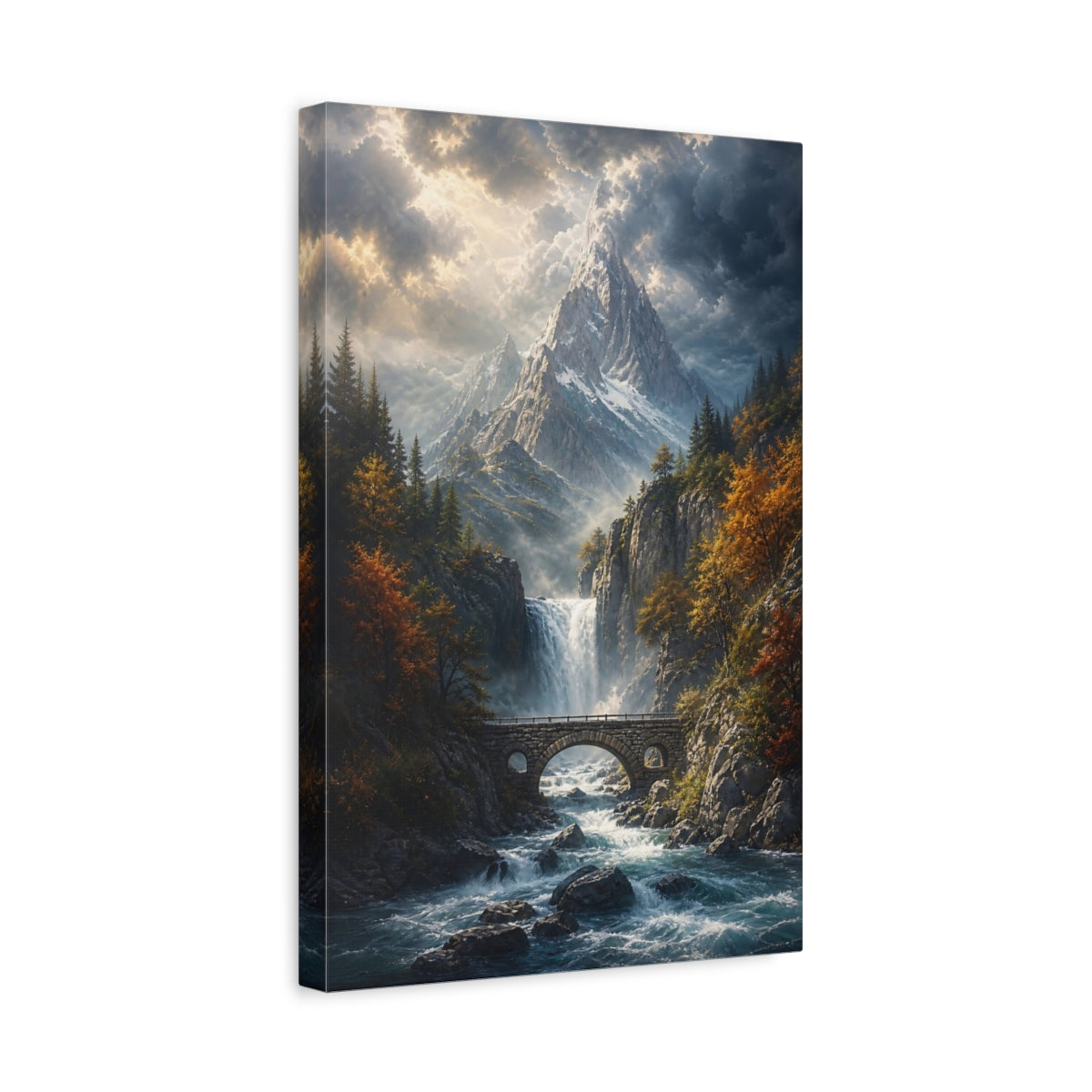 Side Mockup 4. Nature Mountain Waterfall Autumn Mountain River shown as stretched canvas wall art