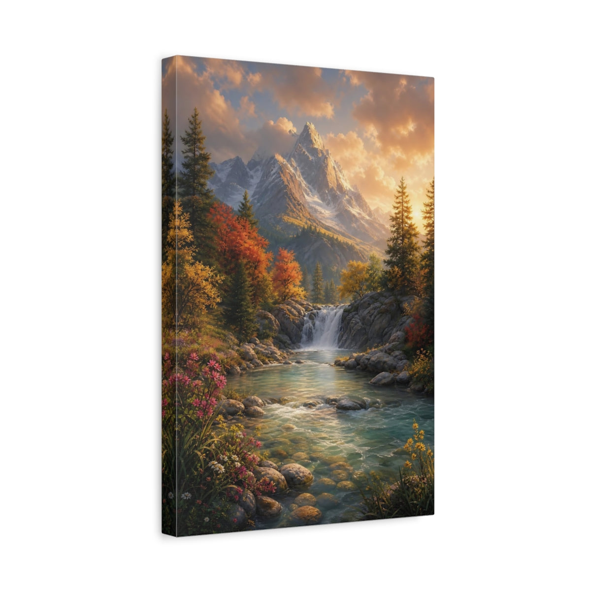 Side Mockup 4. Nature Mountain Waterfall Autumn Mountain River shown as stretched canvas wall art