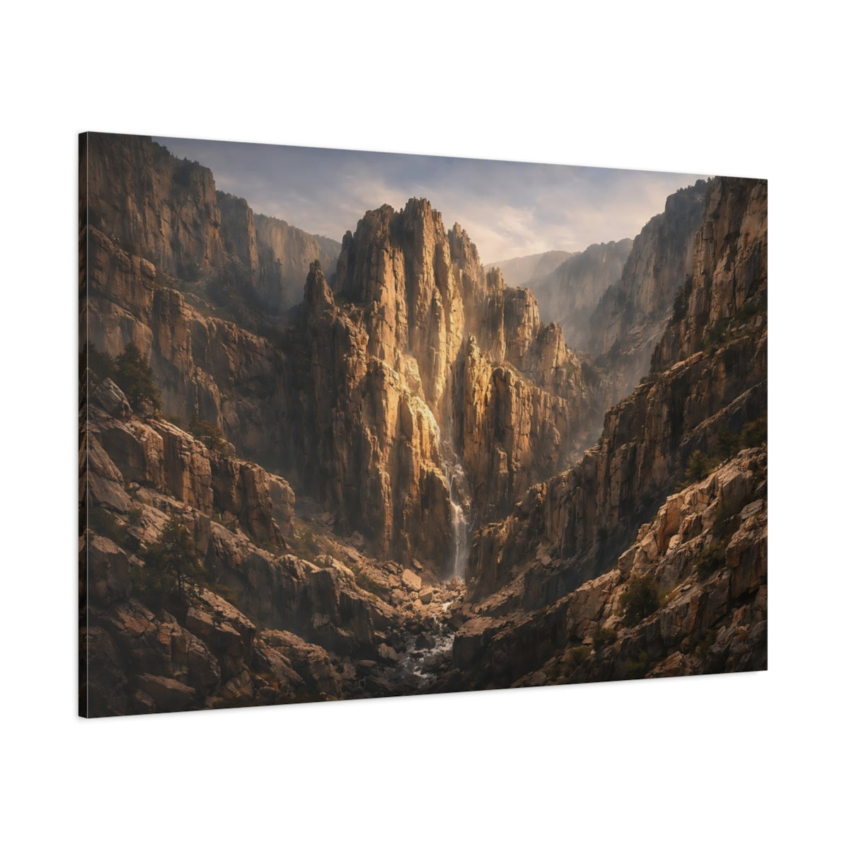 Main Mockup. Nature Mountain Waterfall Brown Gold Canyon shown as stretched canvas wall art