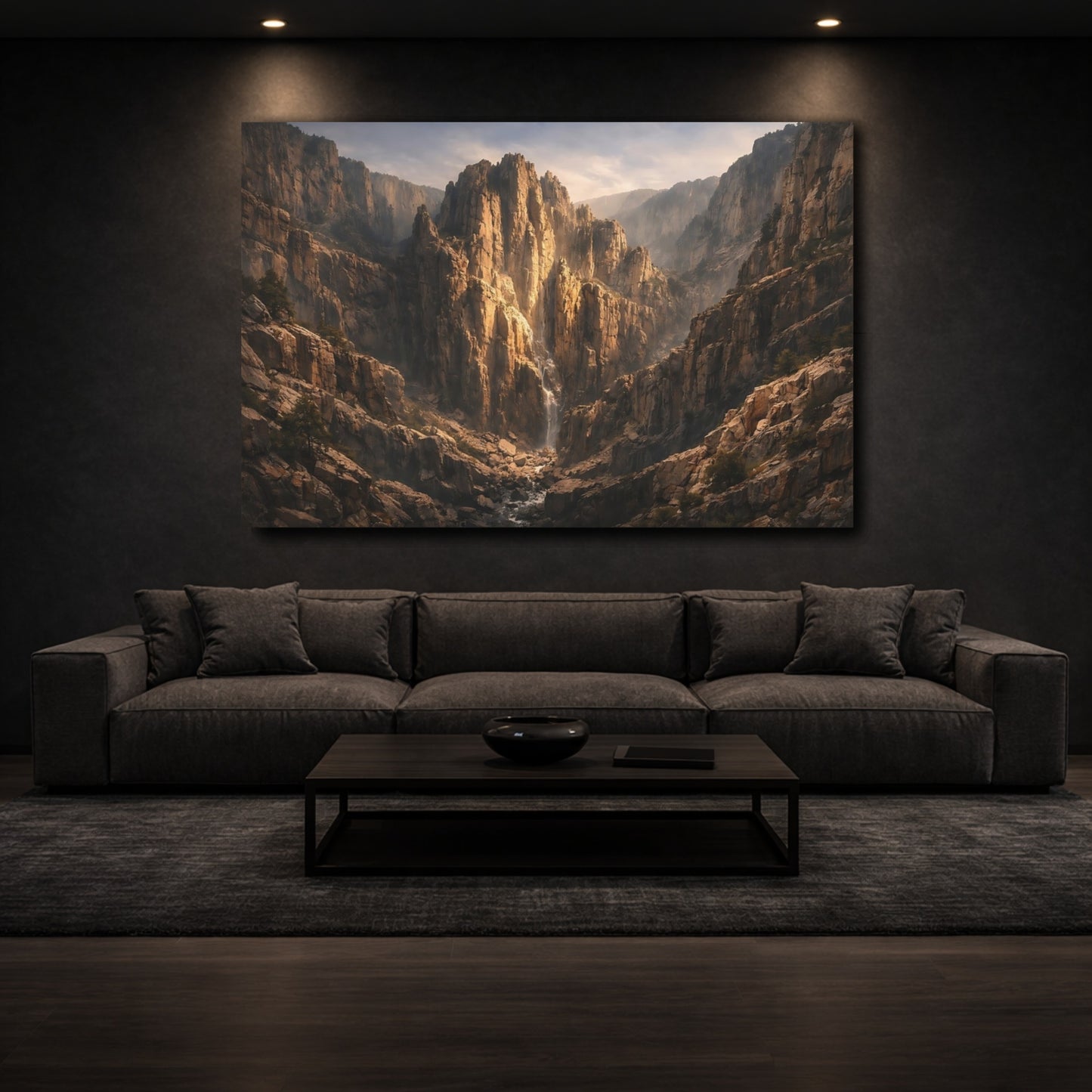 Mockup 2. Nature Mountain Waterfall Brown Gold Canyon shown as stretched canvas wall art