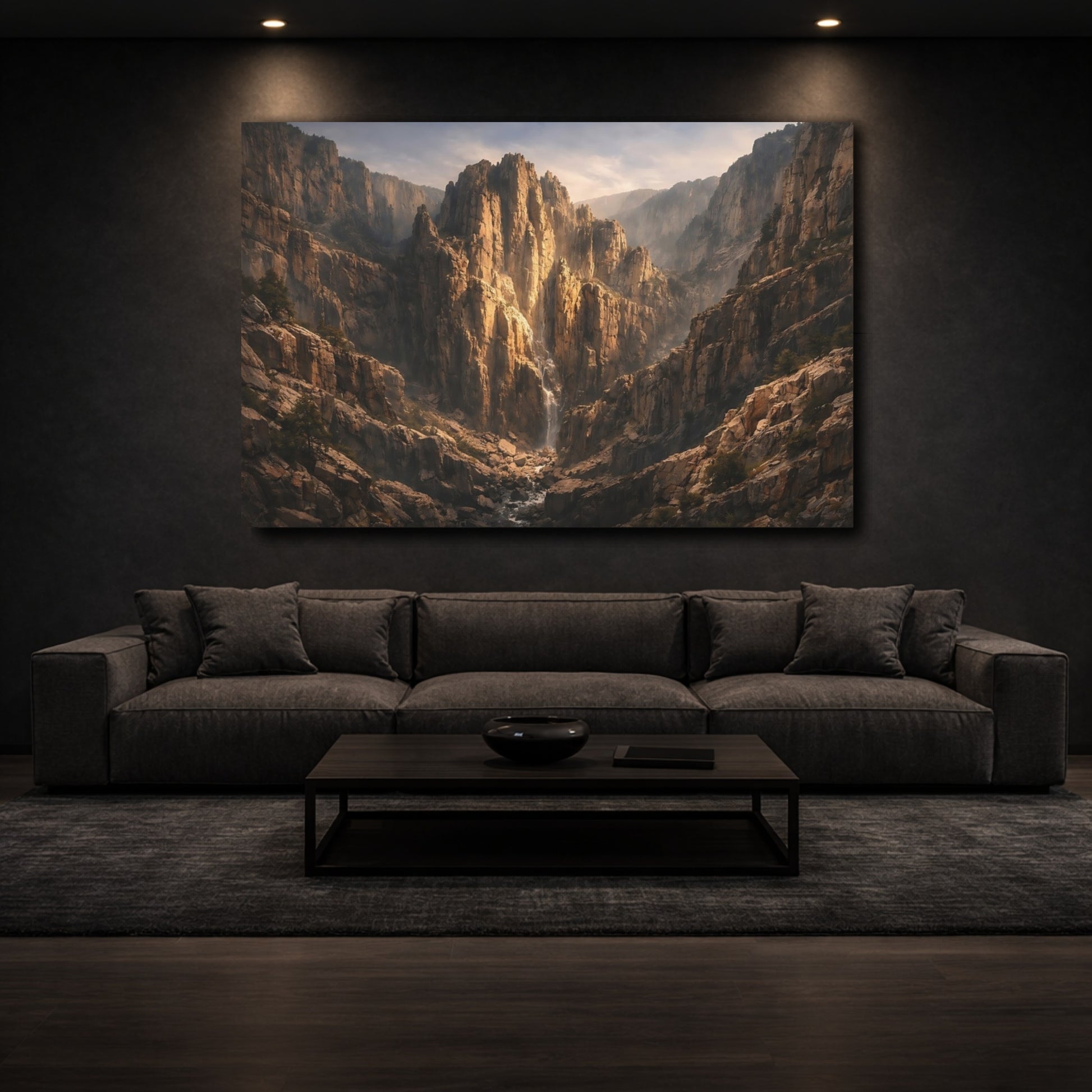 Mockup 2. Nature Mountain Waterfall Brown Gold Canyon shown as stretched canvas wall art