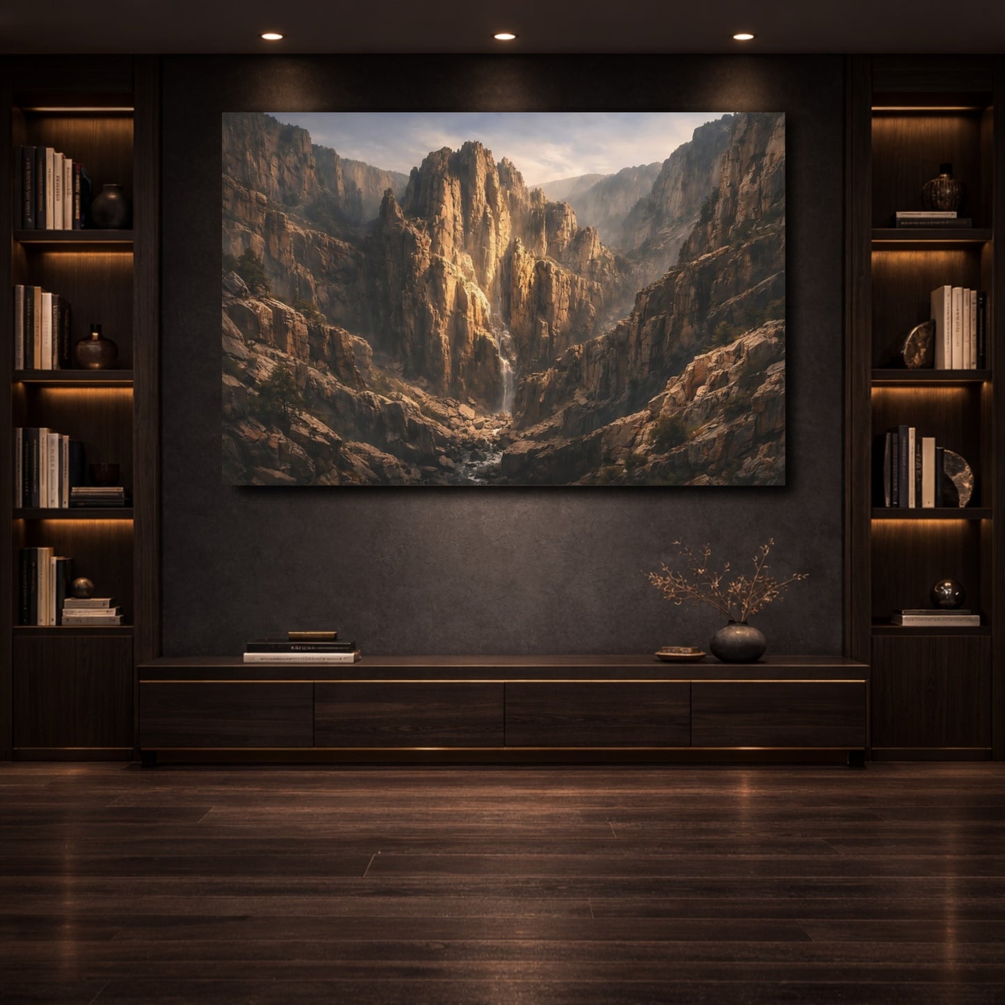Mockup 3. Nature Mountain Waterfall Brown Gold Canyon shown as stretched canvas wall art