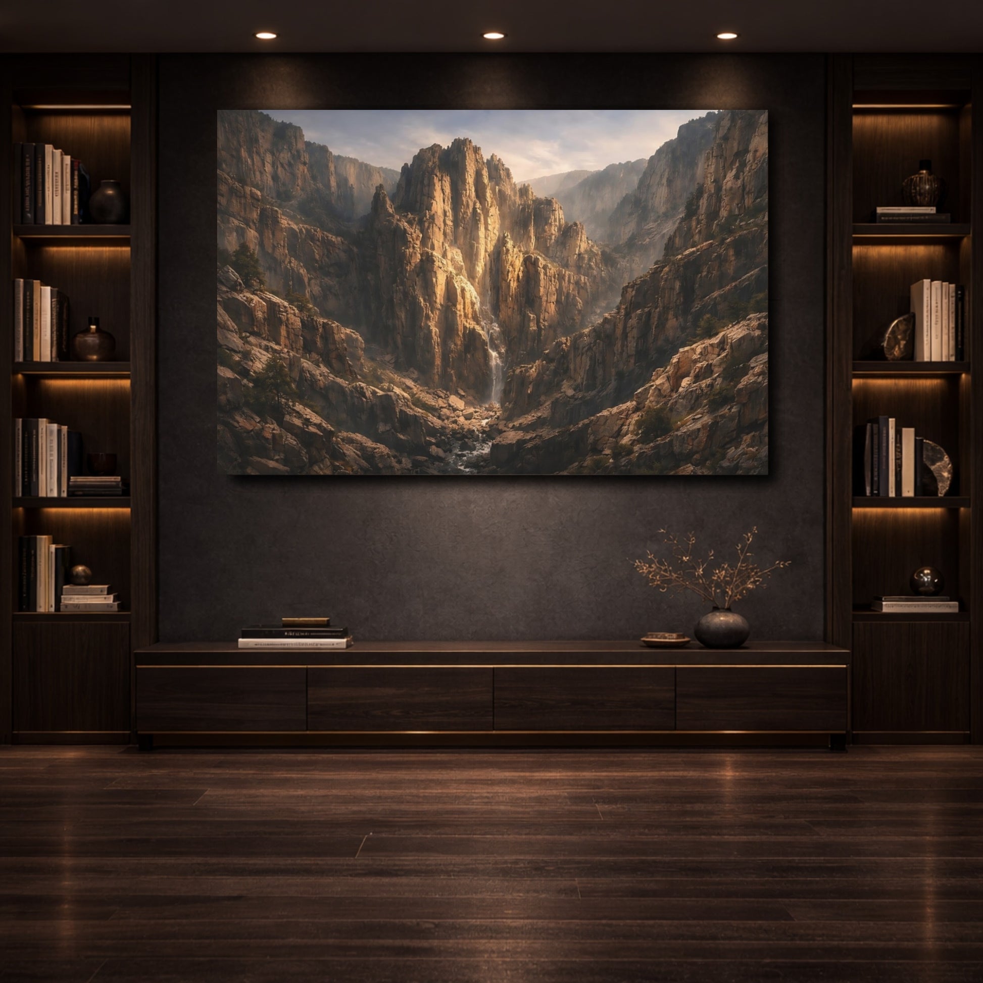 Mockup 3. Nature Mountain Waterfall Brown Gold Canyon shown as stretched canvas wall art