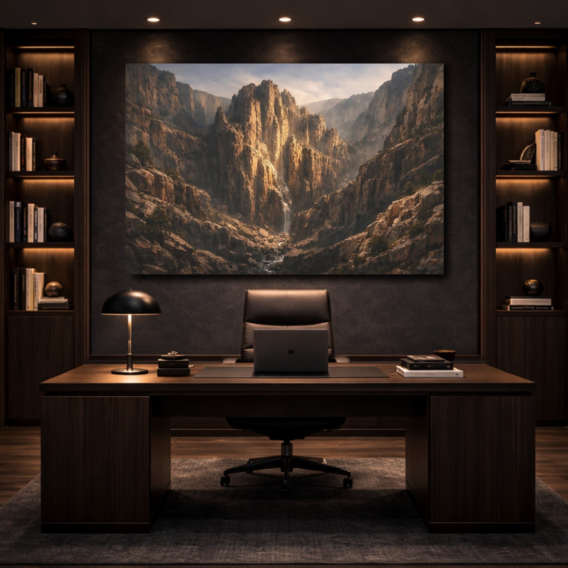 Mockup 4. Nature Mountain Waterfall Brown Gold Canyon shown as stretched canvas wall art