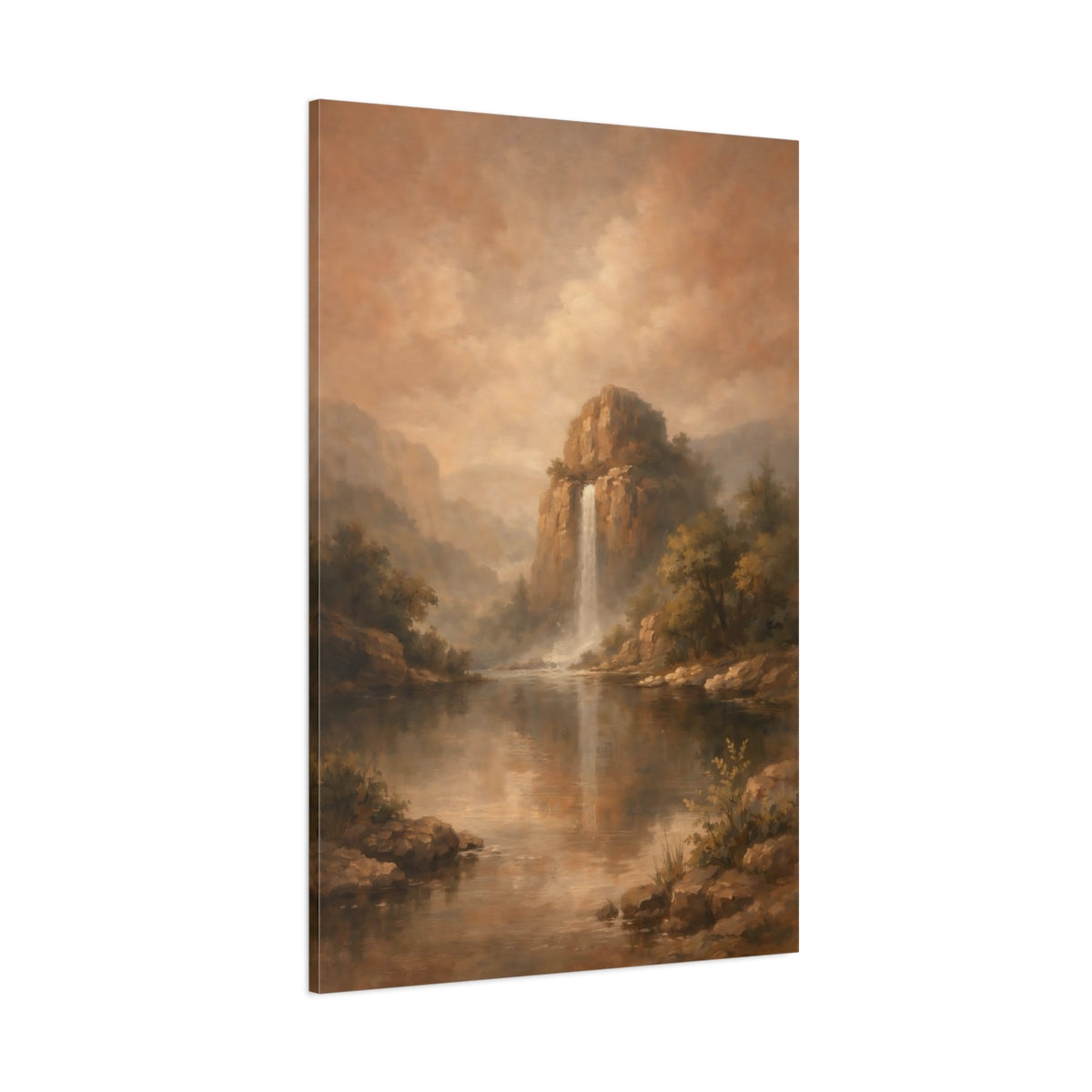 Main Mockup. Nature Mountain Waterfall Brown Landscape shown as stretched canvas wall art