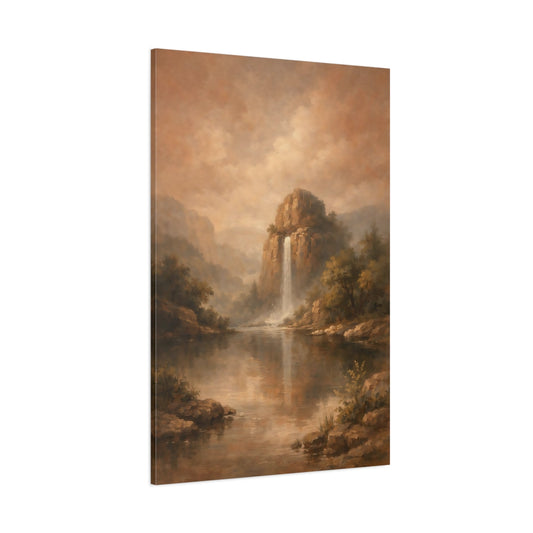 Main Mockup. Nature Mountain Waterfall Brown Landscape shown as stretched canvas wall art