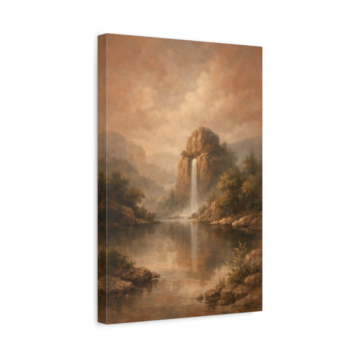 Side Mockup 4. Nature Mountain Waterfall Brown Landscape shown as stretched canvas wall art