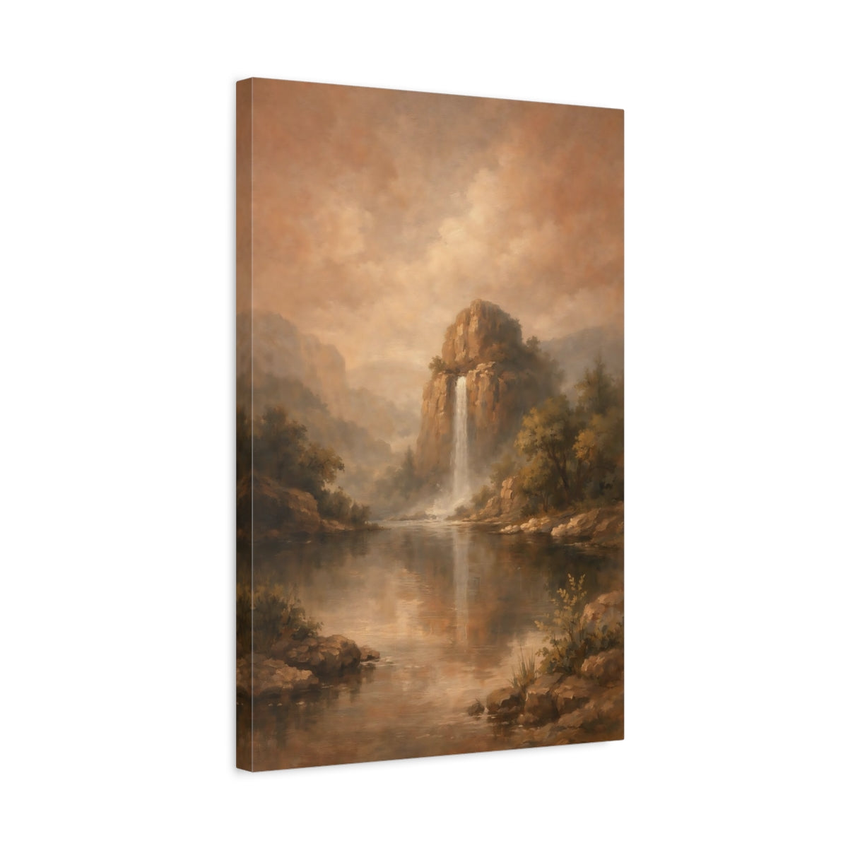 Side Mockup 3. Nature Mountain Waterfall Brown Landscape shown as stretched canvas wall art