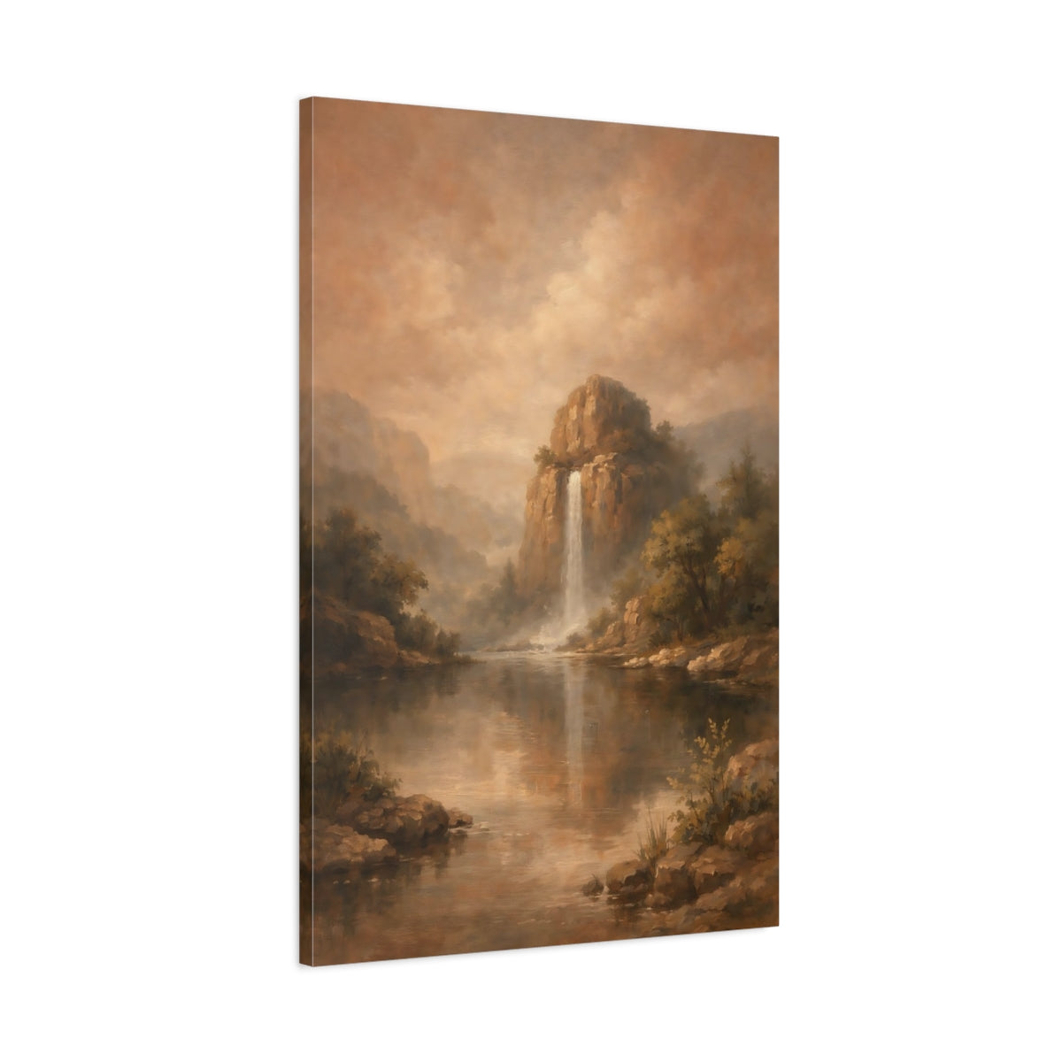 Side Mockup 1. Nature Mountain Waterfall Brown Landscape shown as stretched canvas wall art