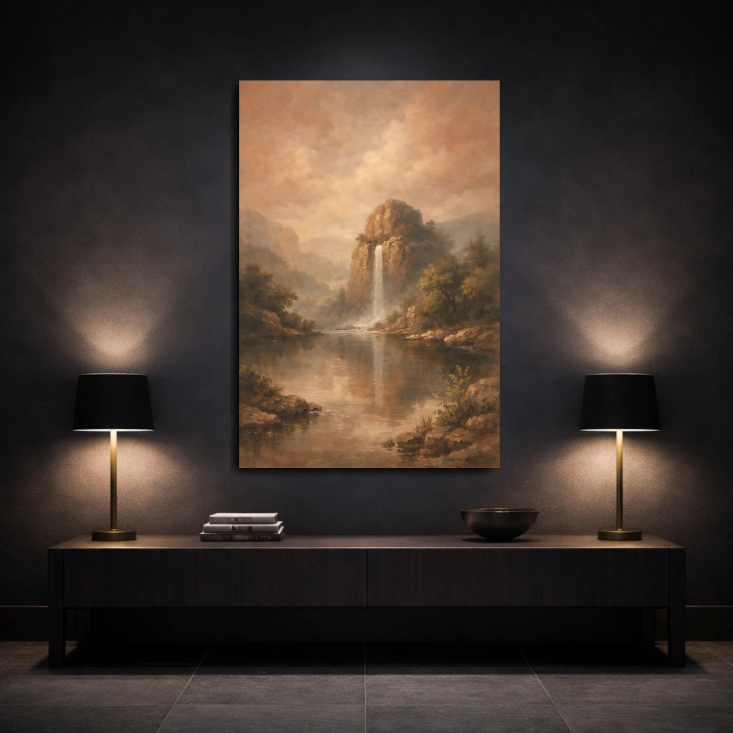 Mockup 2. Nature Mountain Waterfall Brown Landscape shown as stretched canvas wall art