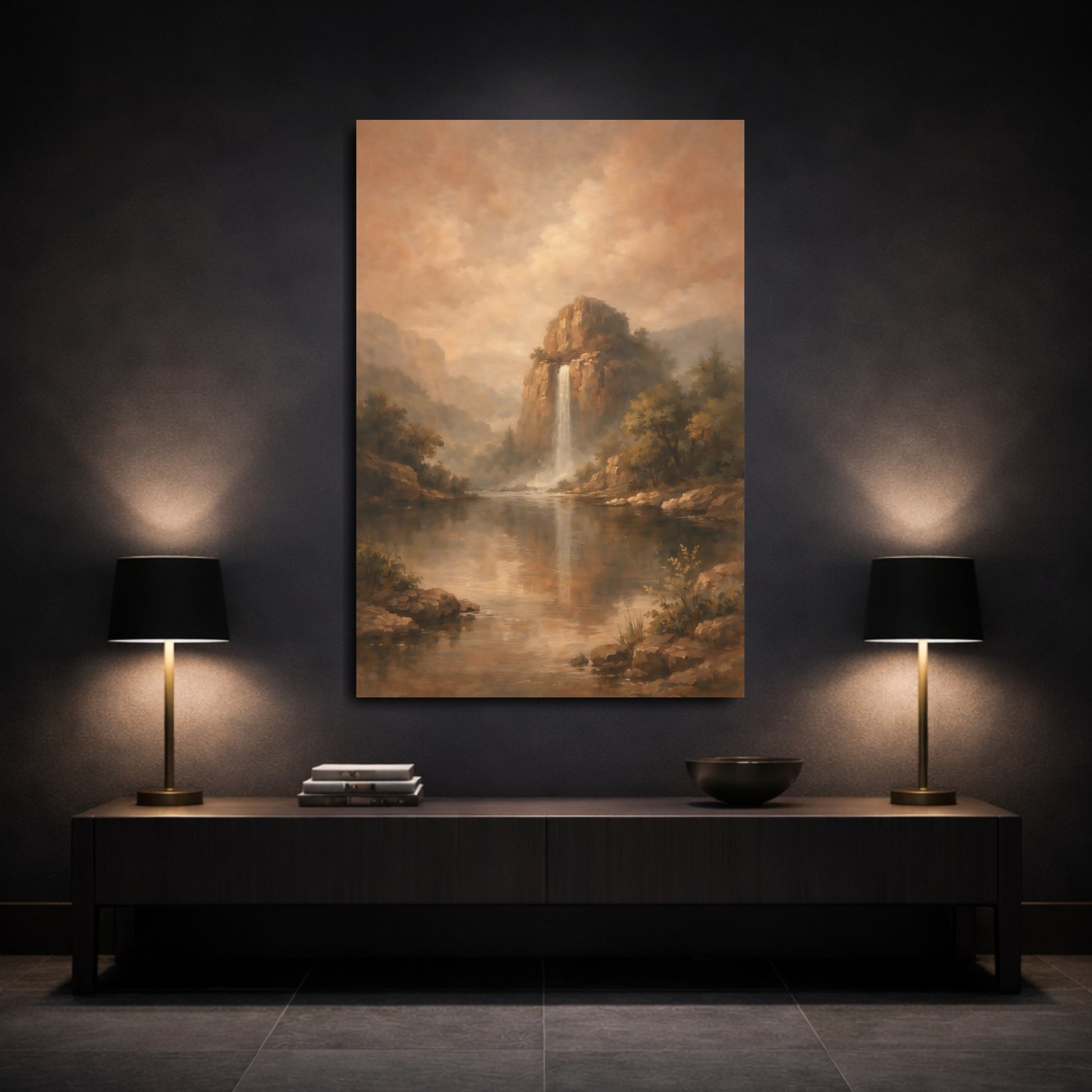 Mockup 2. Nature Mountain Waterfall Brown Landscape shown as stretched canvas wall art