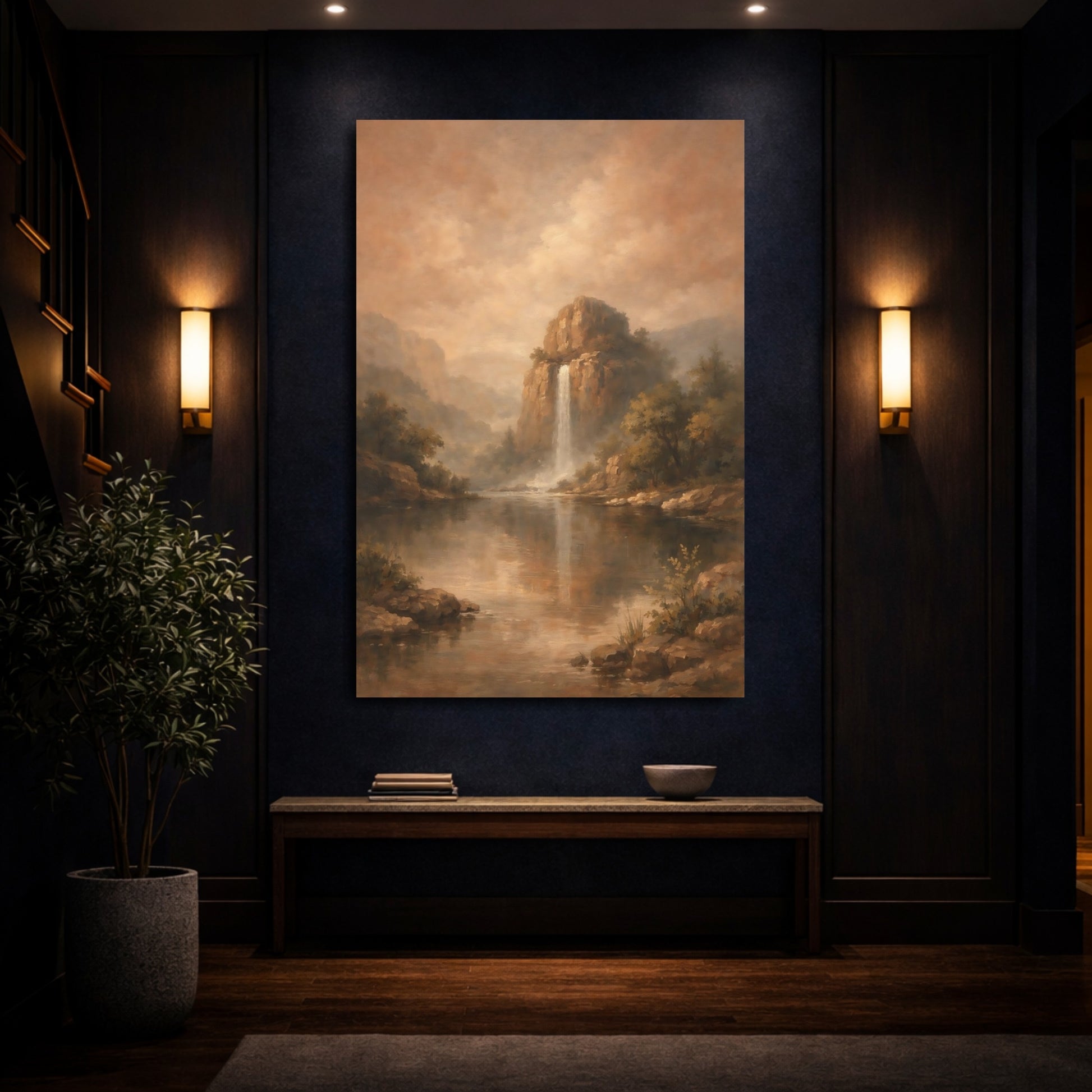 Mockup 3. Nature Mountain Waterfall Brown Landscape shown as stretched canvas wall art