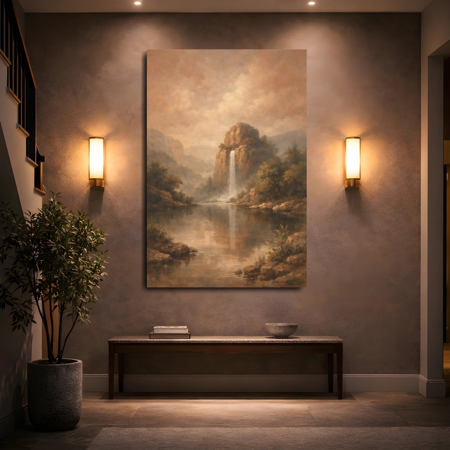 Mockup 4. Nature Mountain Waterfall Brown Landscape shown as stretched canvas wall art