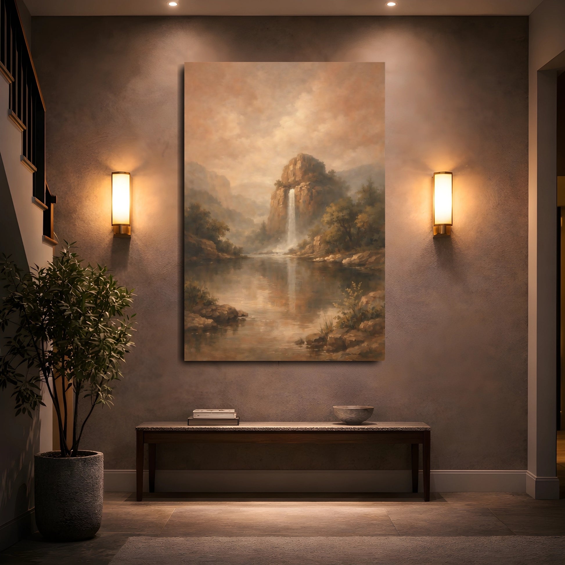 Mockup 4. Nature Mountain Waterfall Brown Landscape shown as stretched canvas wall art