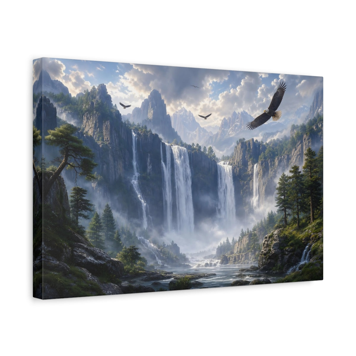 Side Mockup 4. Nature Mountain Waterfall Mountain Waterfall shown as stretched canvas wall art