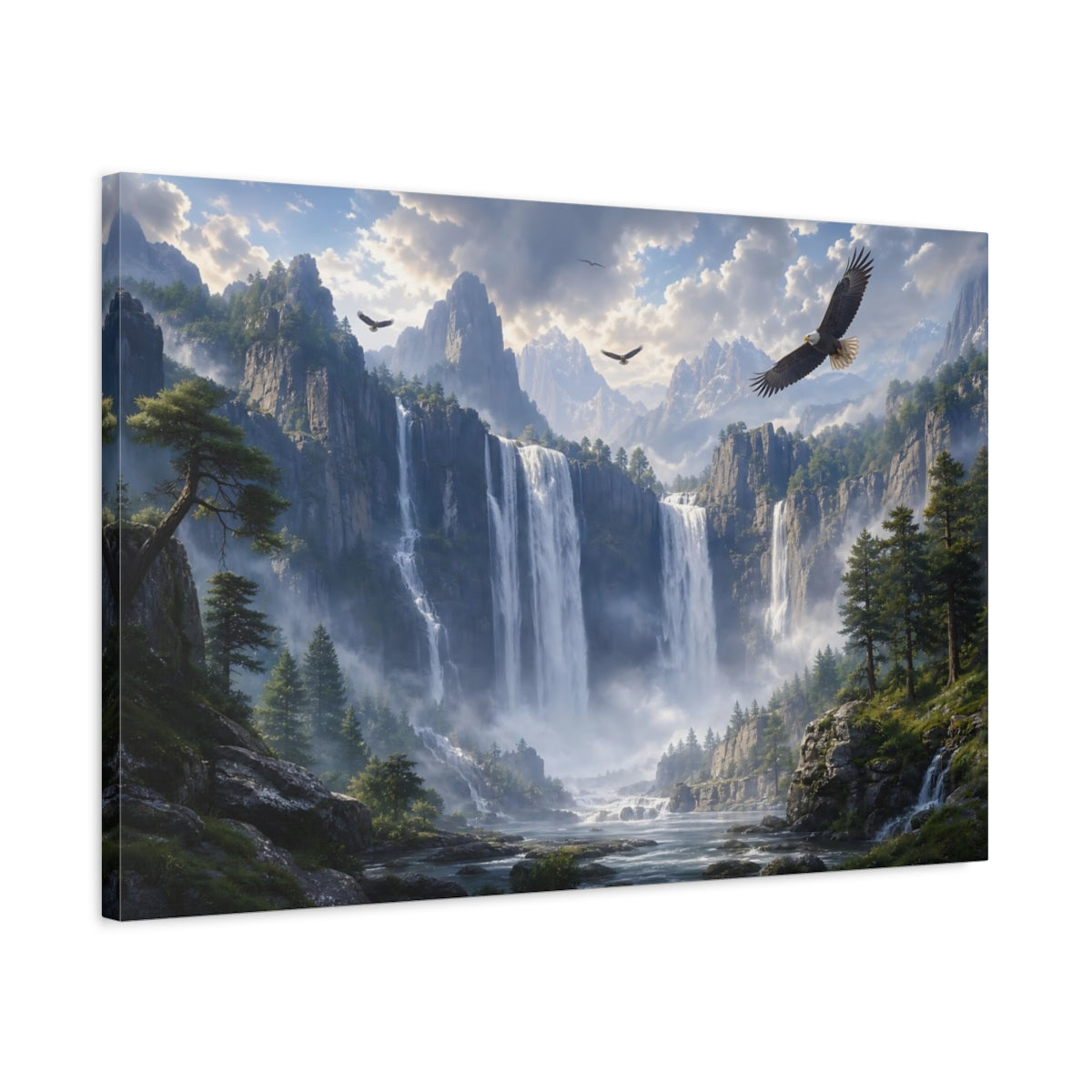 Side Mockup 2. Nature Mountain Waterfall Mountain Waterfall shown as stretched canvas wall art