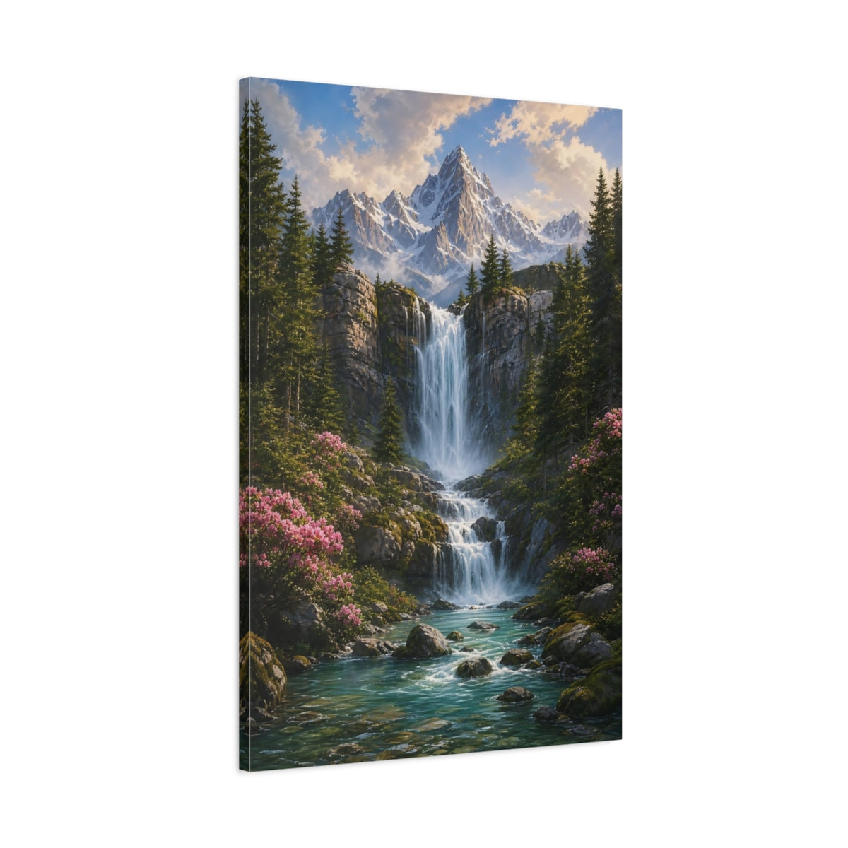 Main Mockup. Nature Mountain Waterfall Green Blue Landscape shown as stretched canvas wall art