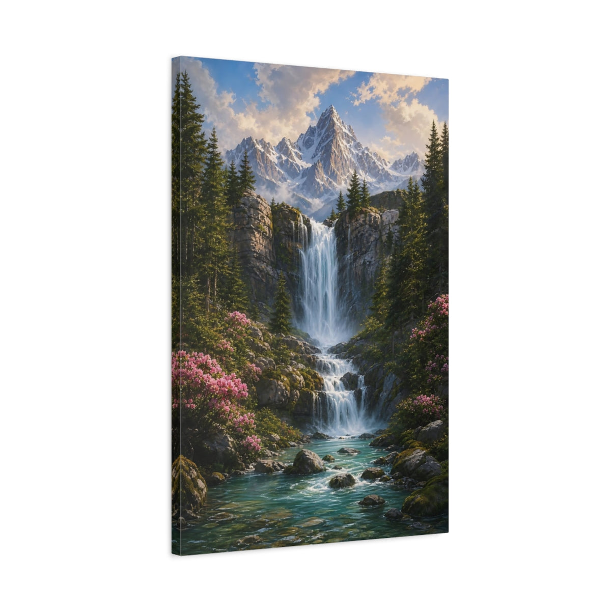 Side Mockup 2. Nature Mountain Waterfall Green Blue Landscape shown as stretched canvas wall art