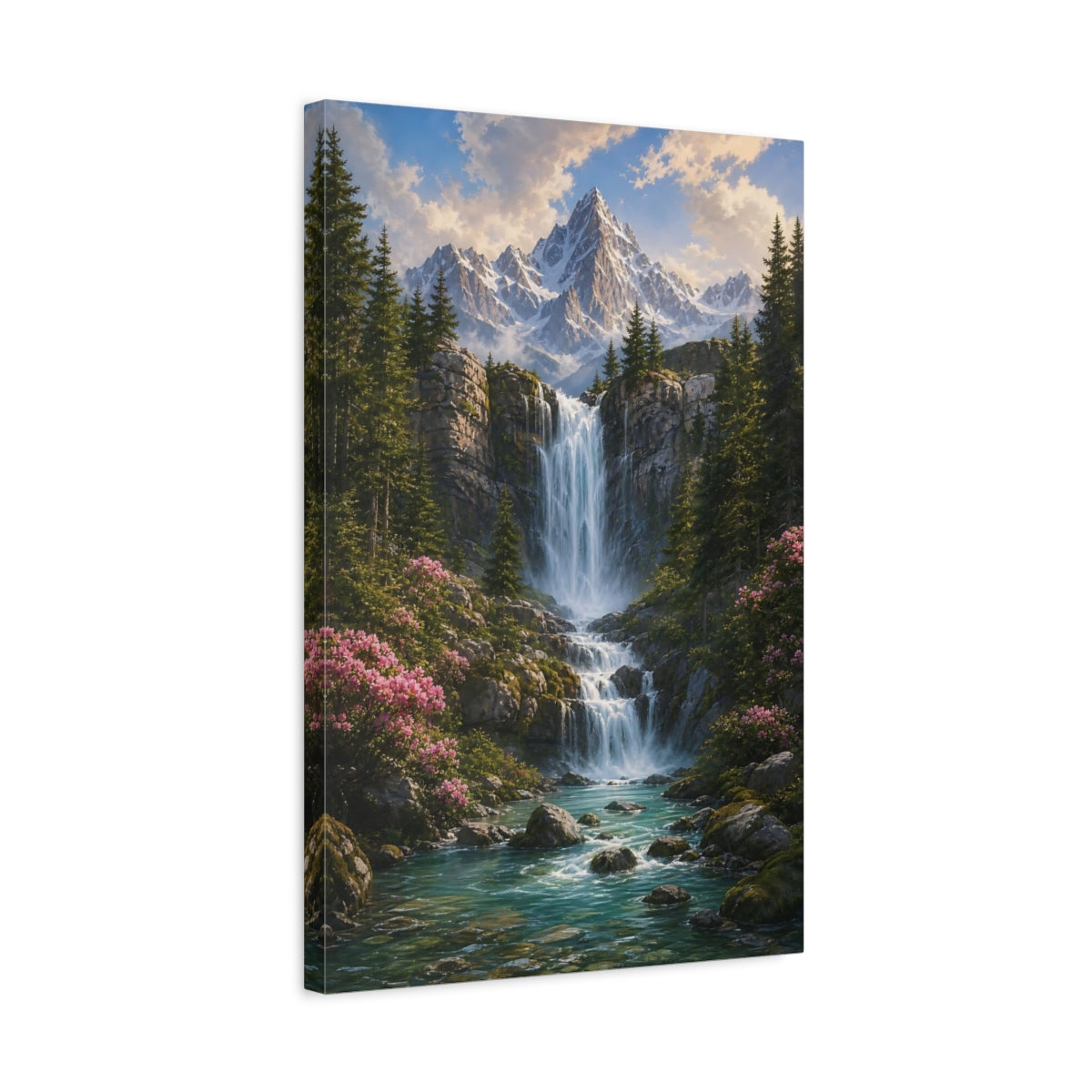 Side Mockup 3. Nature Mountain Waterfall Green Blue Landscape shown as stretched canvas wall art