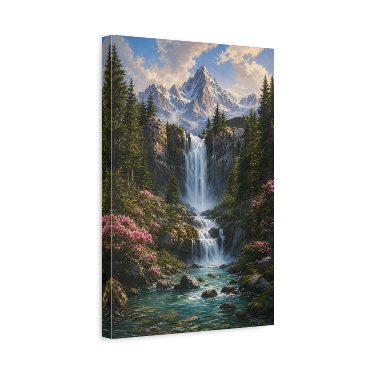 Side Mockup 4. Nature Mountain Waterfall Green Blue Landscape shown as stretched canvas wall art