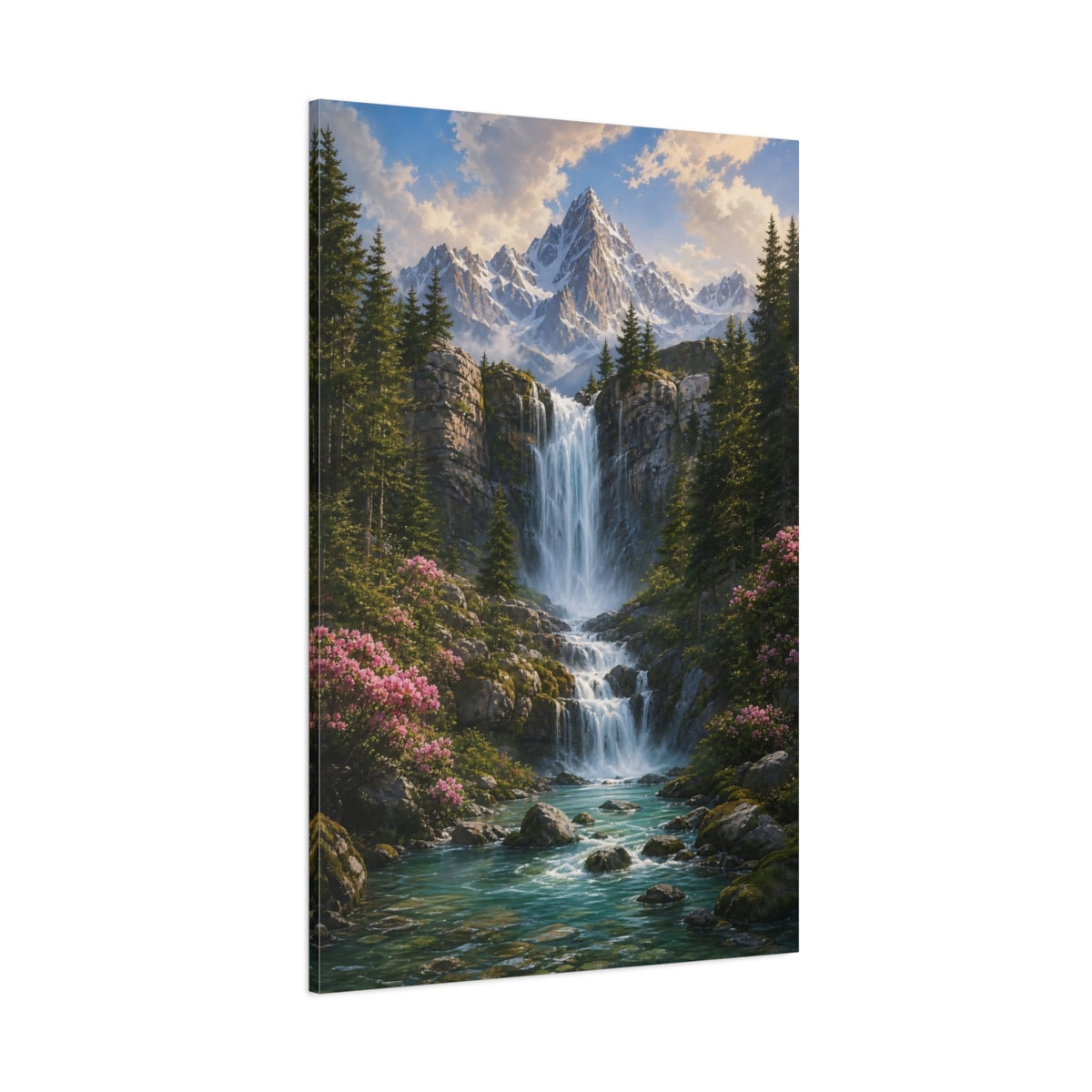 Side Mockup 1. Nature Mountain Waterfall Green Blue Landscape shown as stretched canvas wall art
