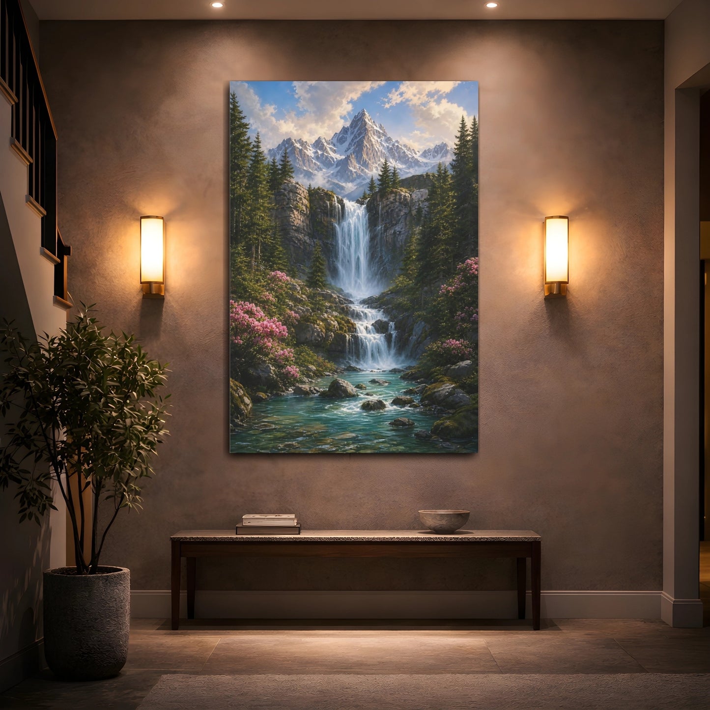 Mockup 2. Nature Mountain Waterfall Green Blue Landscape shown as stretched canvas wall art