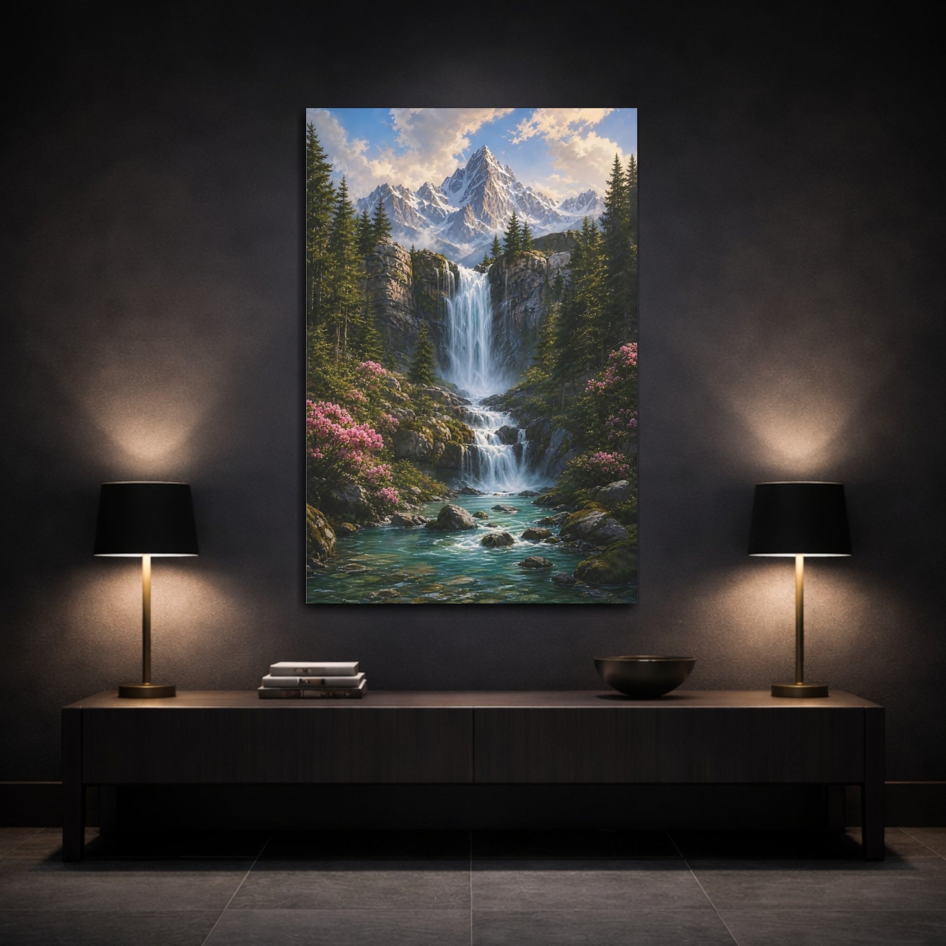 Mockup 3. Nature Mountain Waterfall Green Blue Landscape shown as stretched canvas wall art