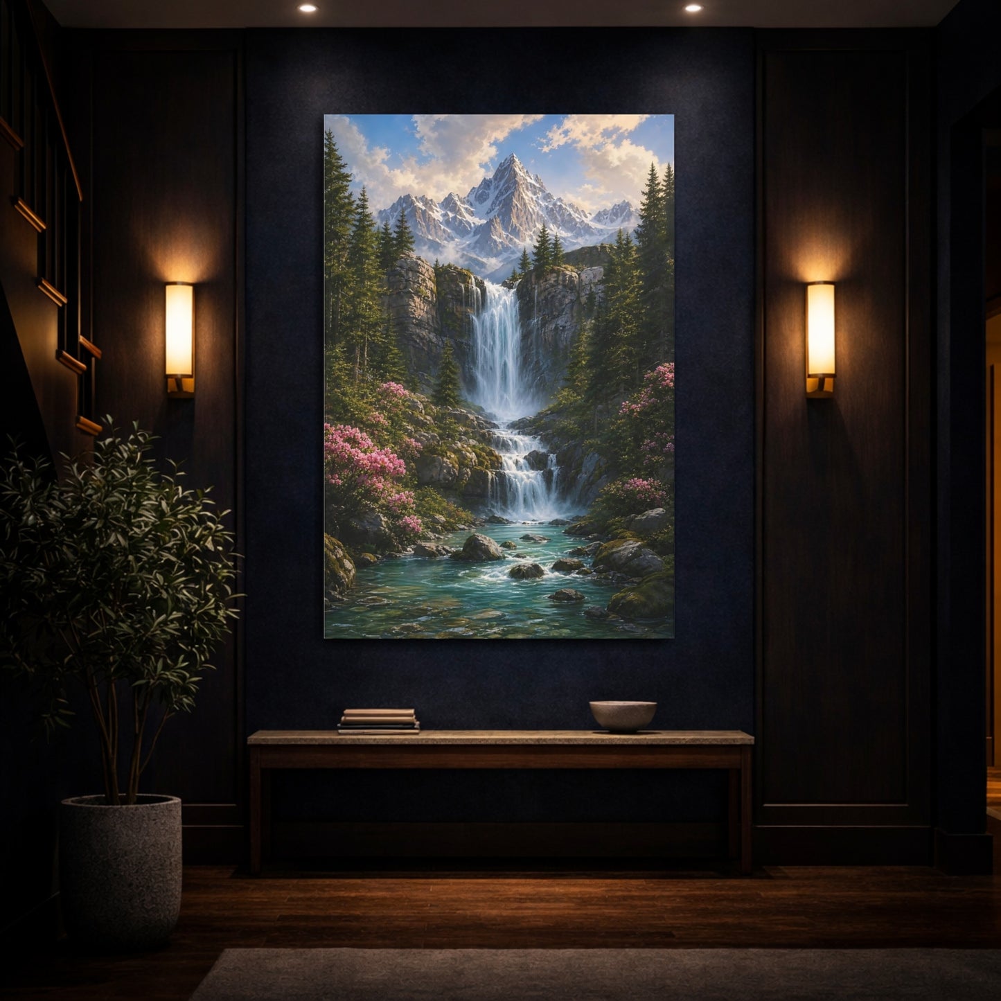 Mockup 4. Nature Mountain Waterfall Green Blue Landscape shown as stretched canvas wall art