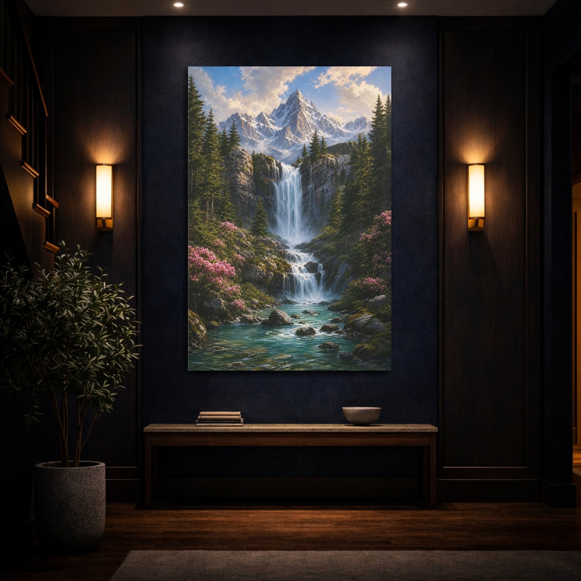 Mockup 4. Nature Mountain Waterfall Green Blue Landscape shown as stretched canvas wall art