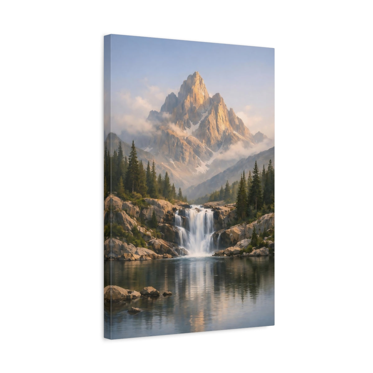 Side Mockup 3. Nature Mountain Waterfall Mountain Lake Forest shown as stretched canvas wall art