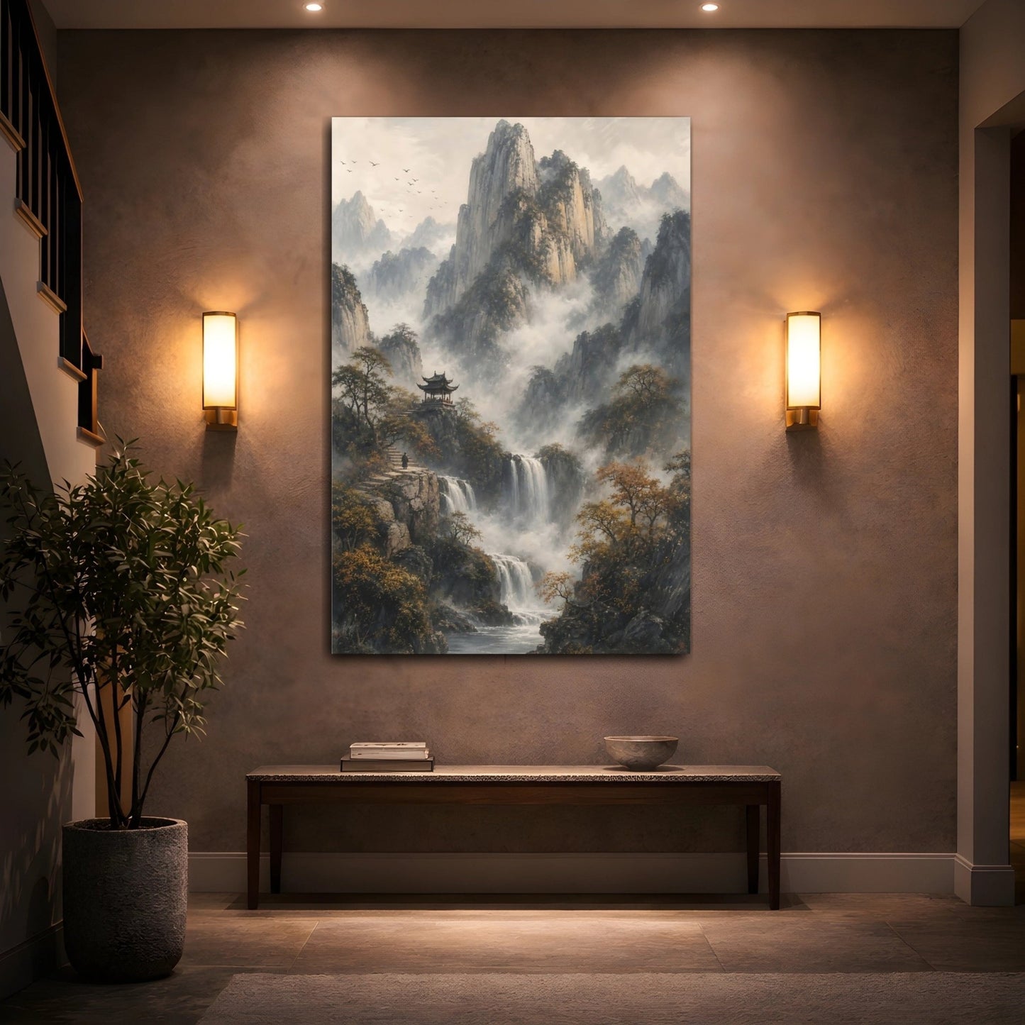 Nature Mountain Waterfall Misty Canvas Wall Art Print – Asian Living Room, Above Fireplace - YesArtYes
