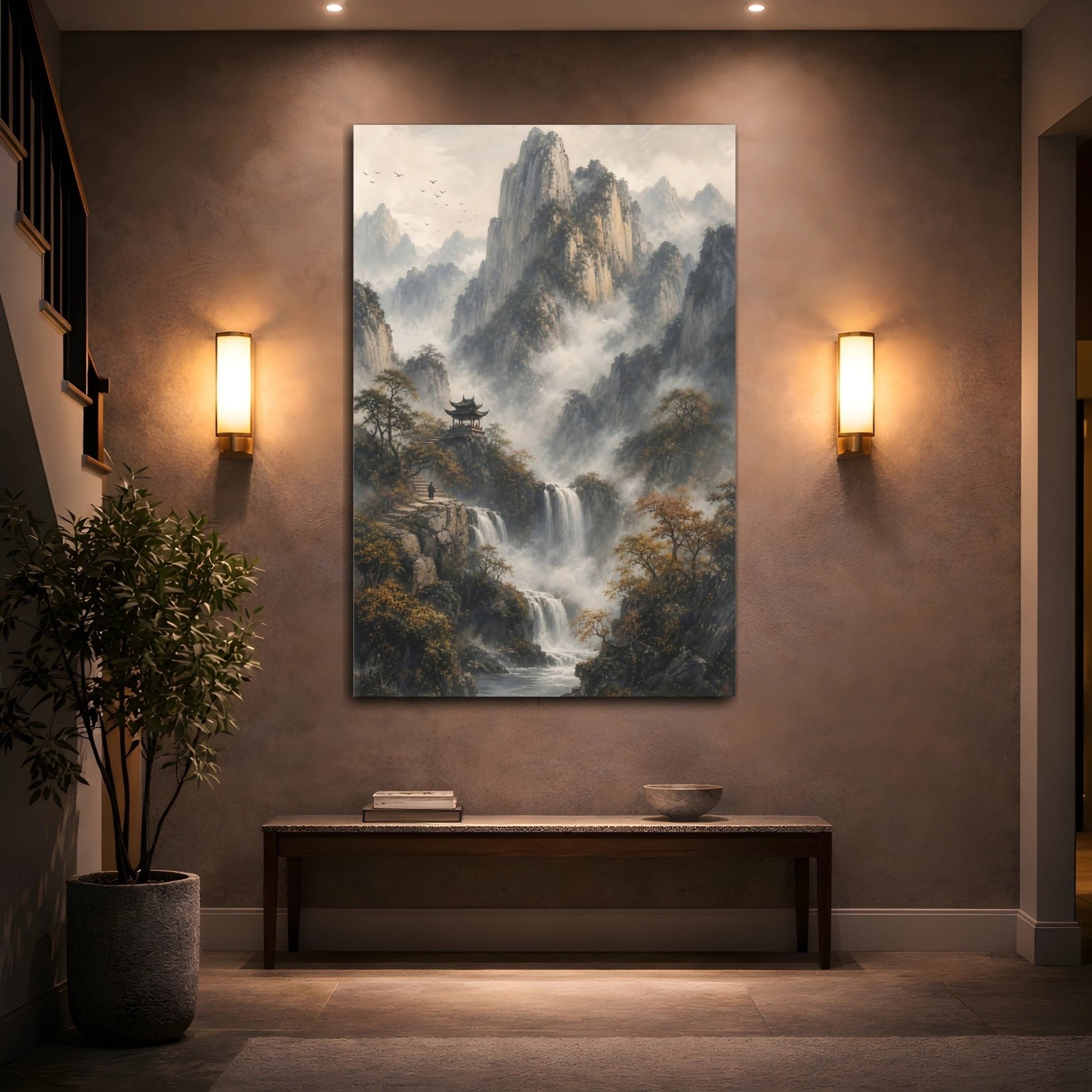 Nature Mountain Waterfall Misty Canvas Wall Art Print – Asian Living Room, Above Fireplace - YesArtYes