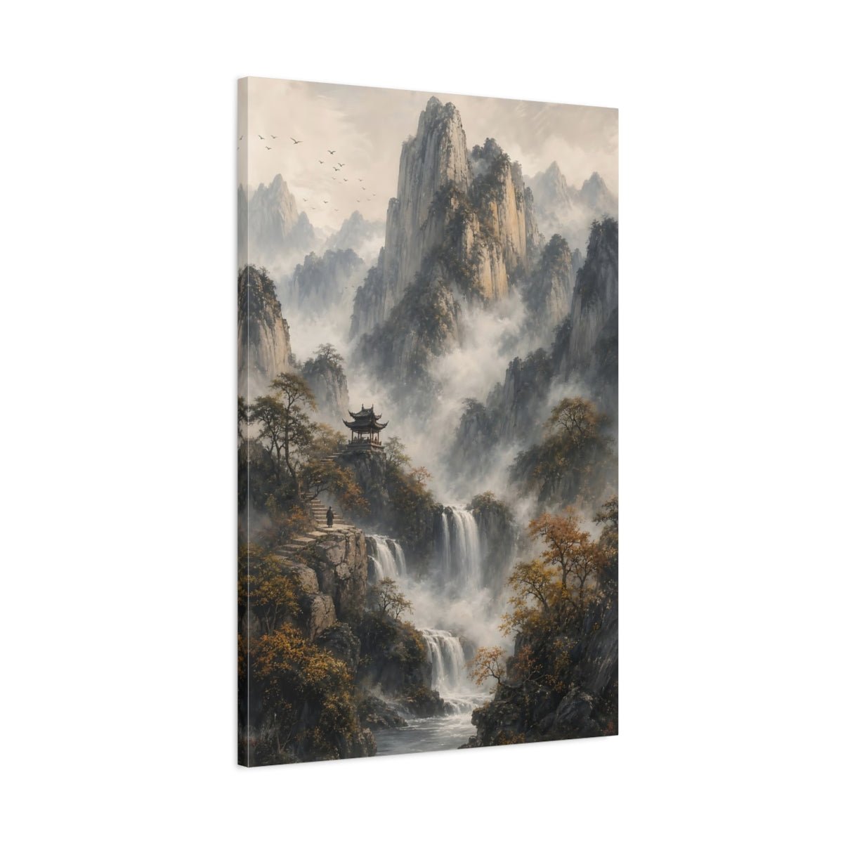 Nature Mountain Waterfall Misty Canvas Wall Art Print – Asian Living Room, Above Fireplace - YesArtYes