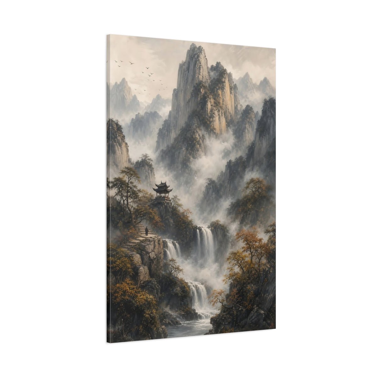 Nature Mountain Waterfall Misty Canvas Wall Art Print – Asian Living Room, Above Fireplace - YesArtYes
