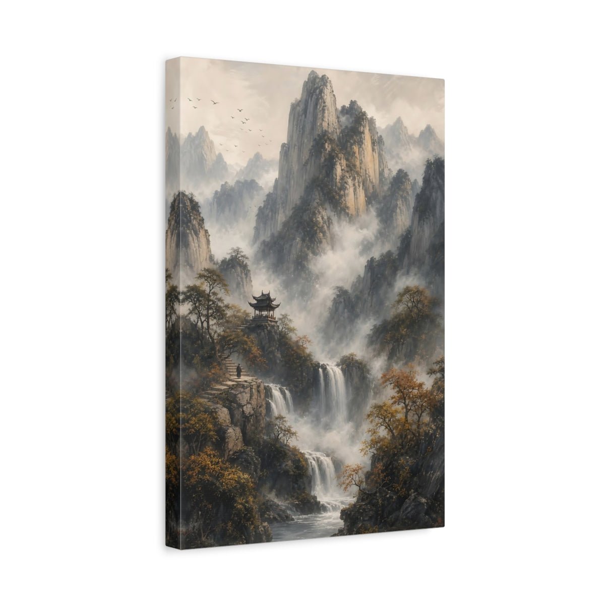 Nature Mountain Waterfall Misty Canvas Wall Art Print – Asian Living Room, Above Fireplace - YesArtYes