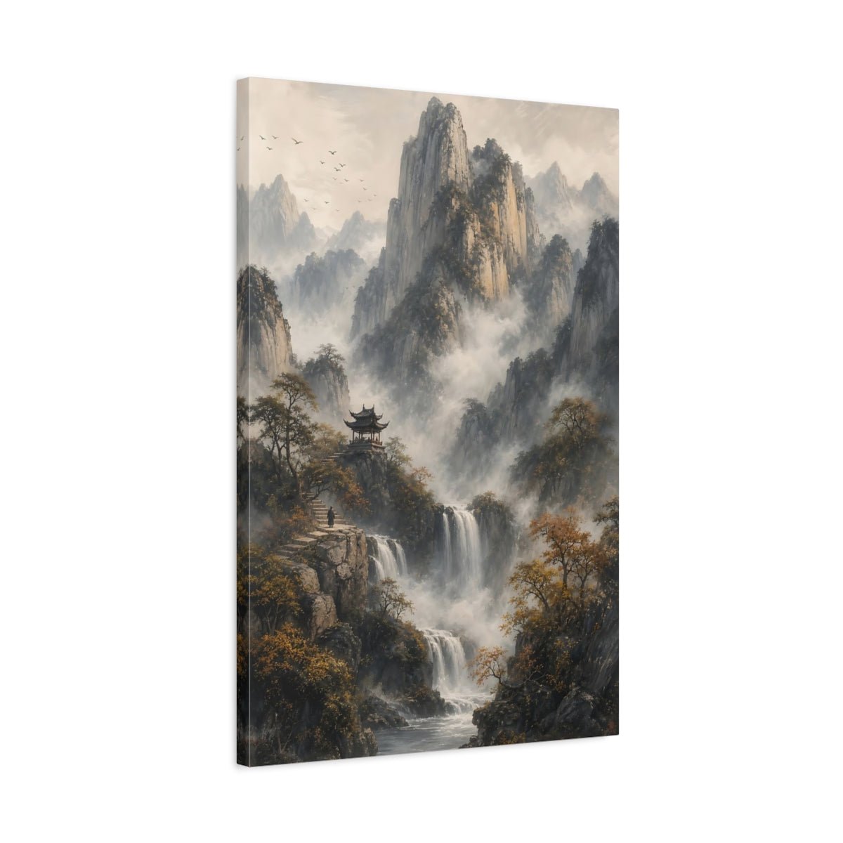 Nature Mountain Waterfall Misty Canvas Wall Art Print – Asian Living Room, Above Fireplace - YesArtYes