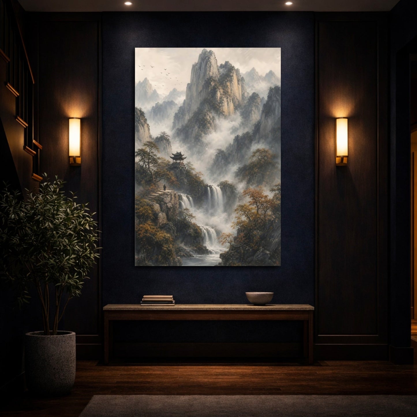 Nature Mountain Waterfall Misty Canvas Wall Art Print – Asian Living Room, Above Fireplace - YesArtYes