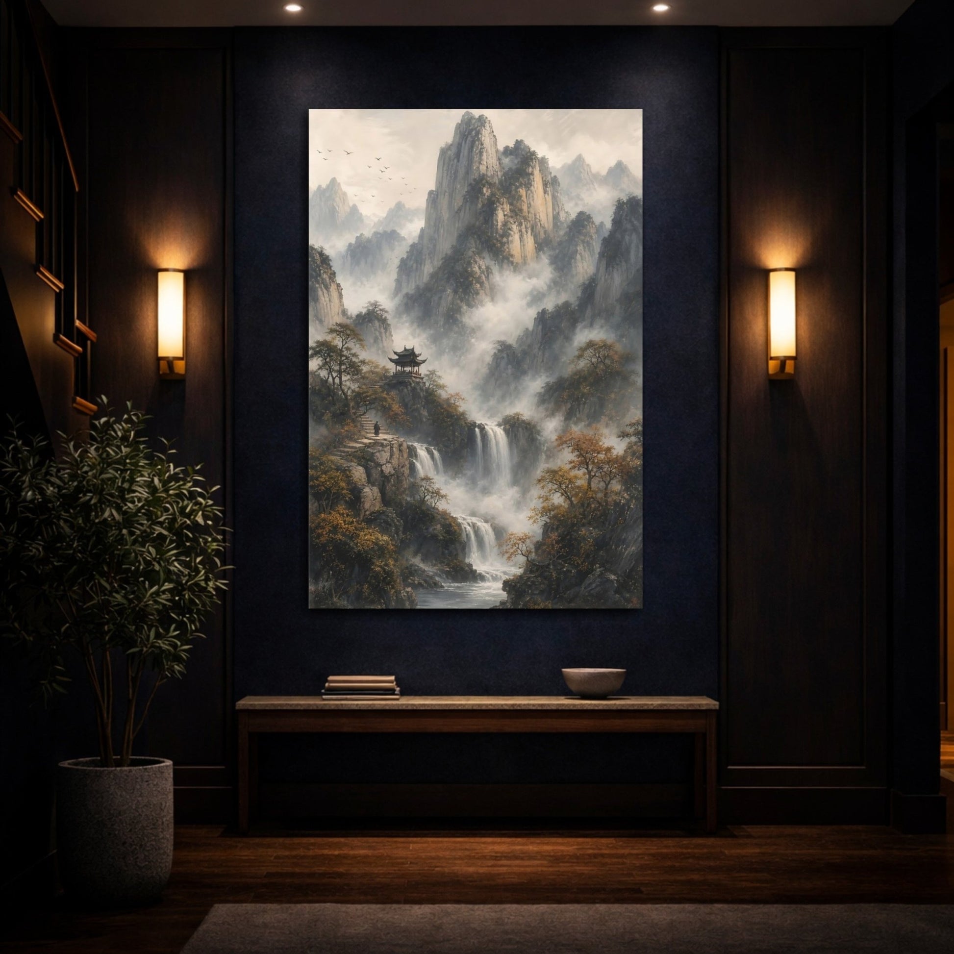 Nature Mountain Waterfall Misty Canvas Wall Art Print – Asian Living Room, Above Fireplace - YesArtYes