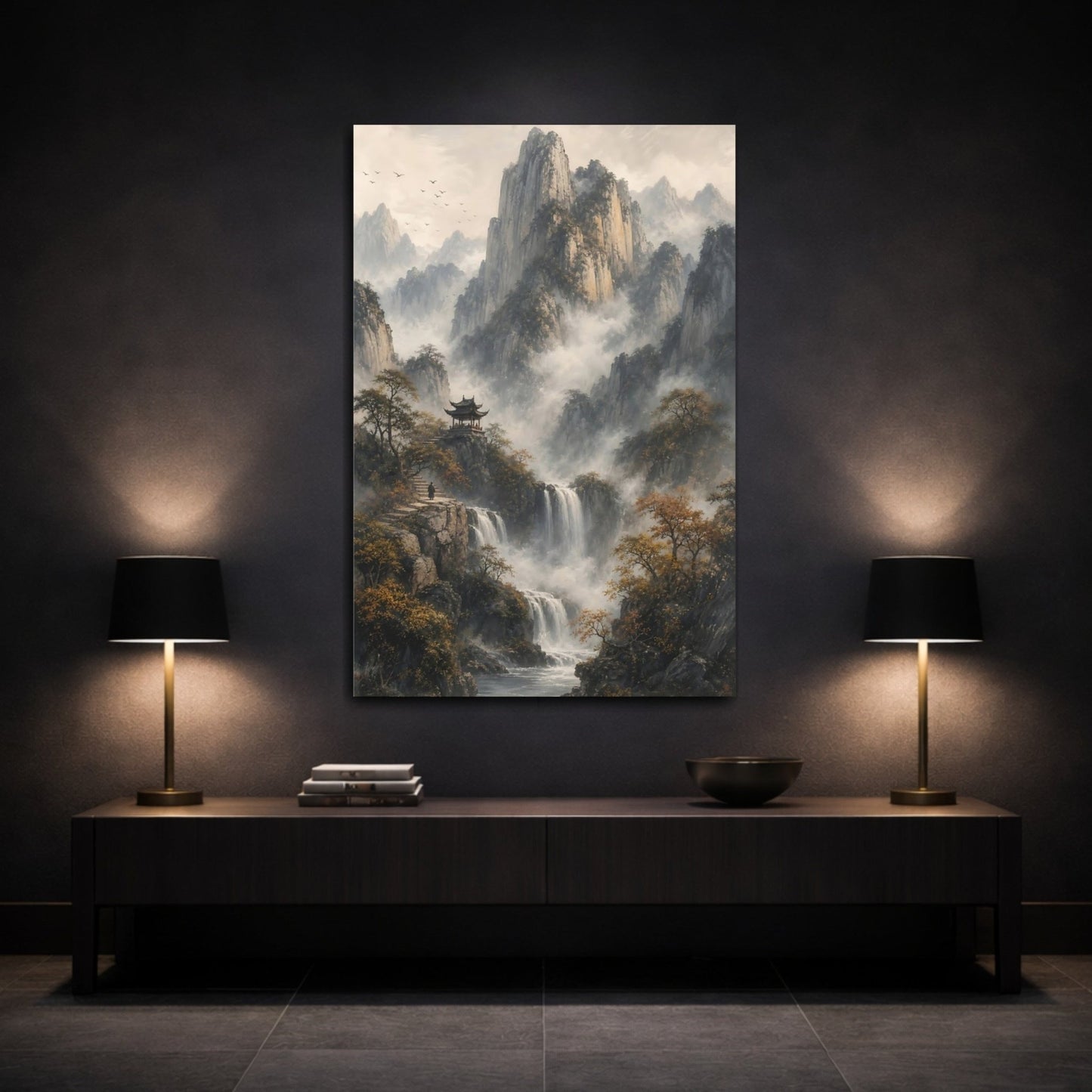 Nature Mountain Waterfall Misty Canvas Wall Art Print – Asian Living Room, Above Fireplace - YesArtYes