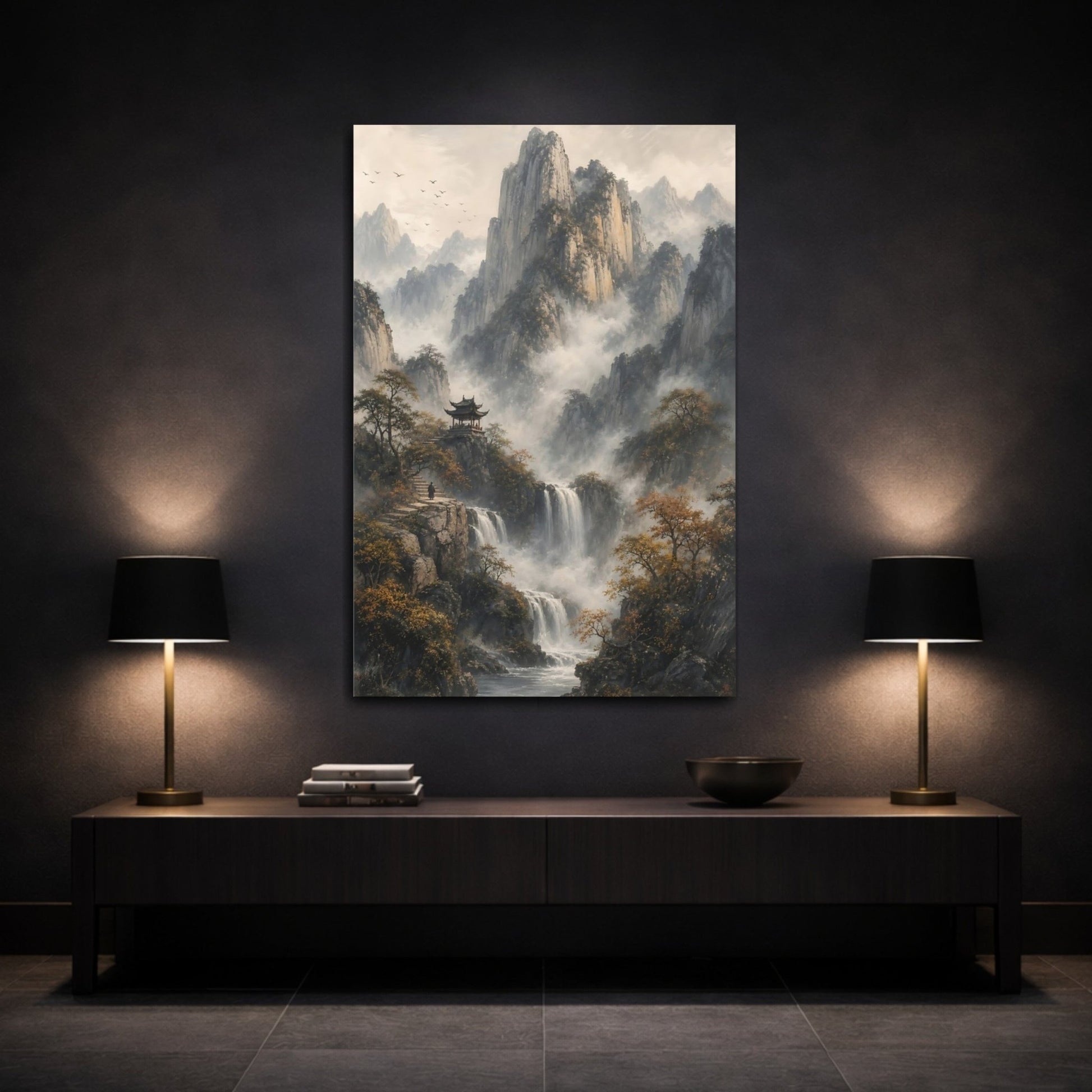Nature Mountain Waterfall Misty Canvas Wall Art Print – Asian Living Room, Above Fireplace - YesArtYes