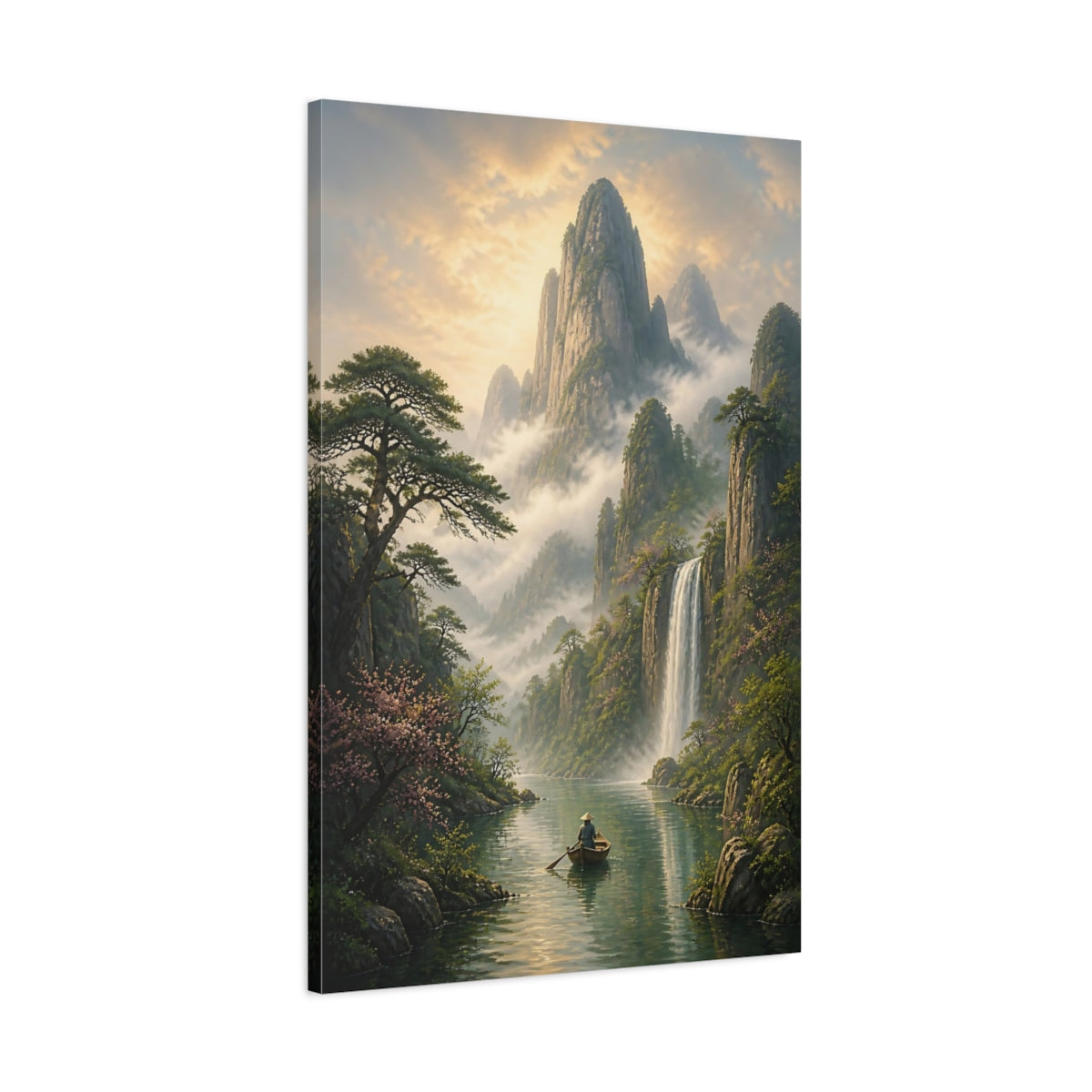 Main Mockup. Nature Mountain Waterfall Misty Green Landscape shown as stretched canvas wall art